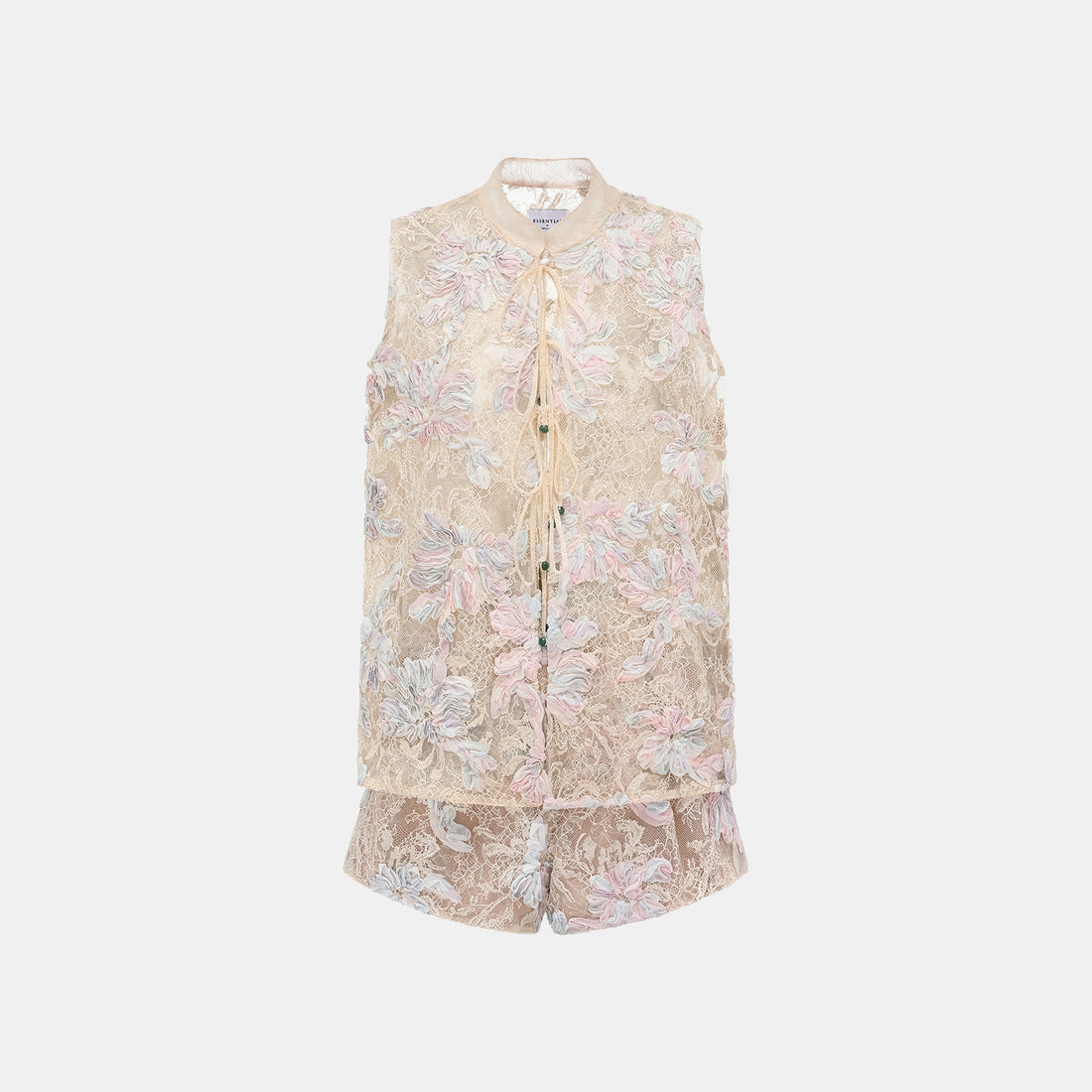 "Imperial Garden Teatime." Dyed Satin Lace Shorts — Dawn Mist Bloom
