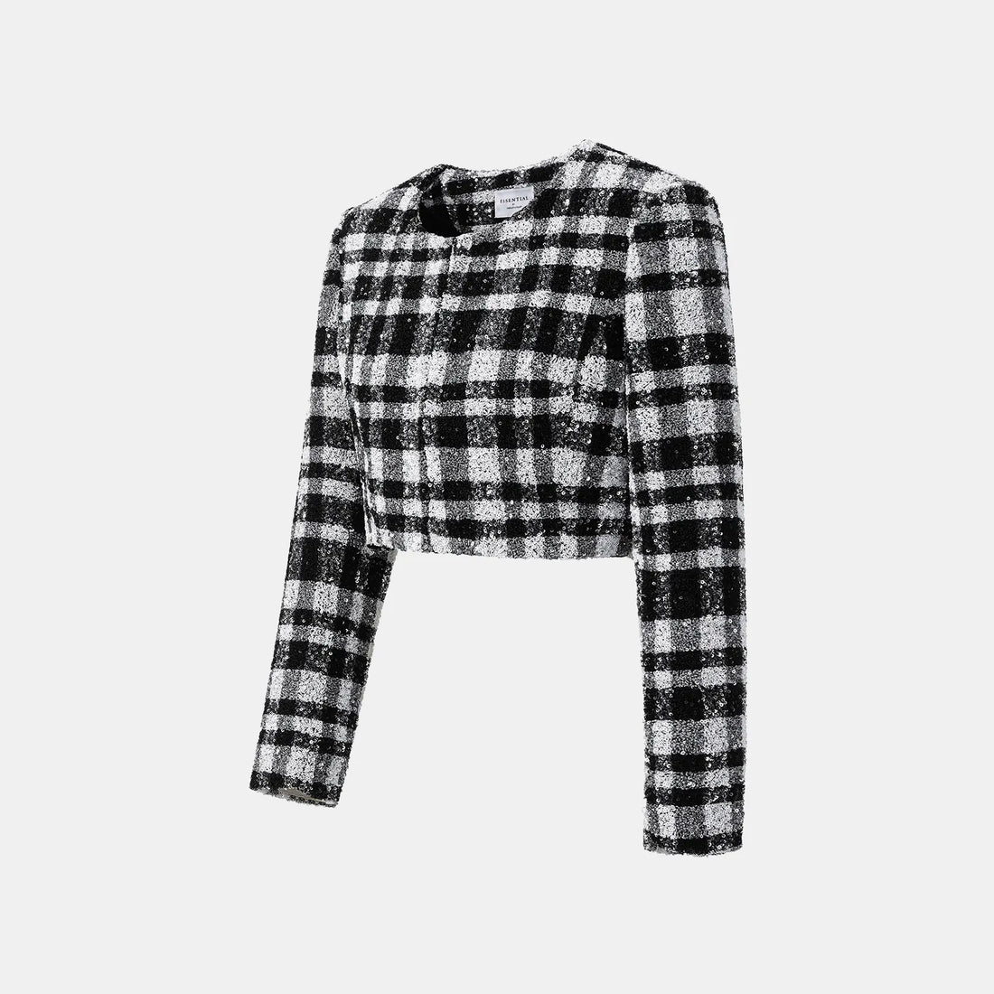 “Welcome to my party.” Sequined shoulder-padded short coat—Classic Checked.