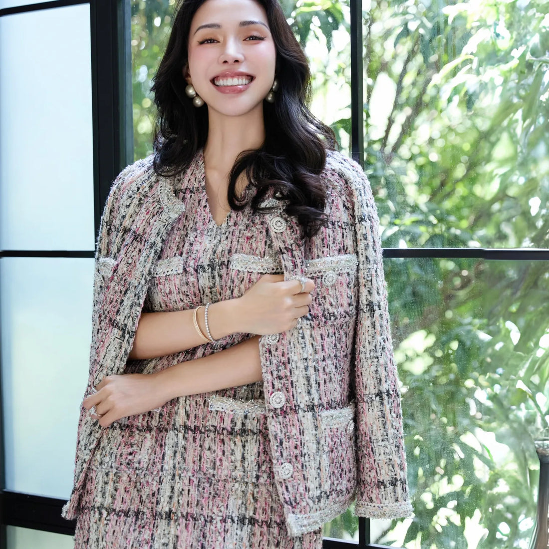 "Brunch at Ritz" Tweed V-neck dress—Ispahan