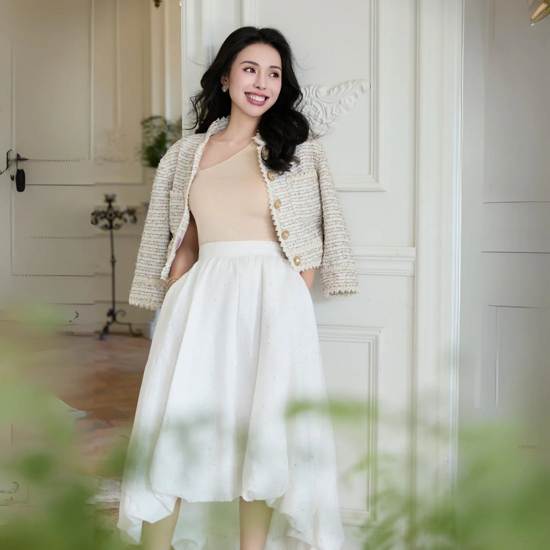 “Autumn Diary” 100% Cashmere Off-shoulder Top—Rose Water