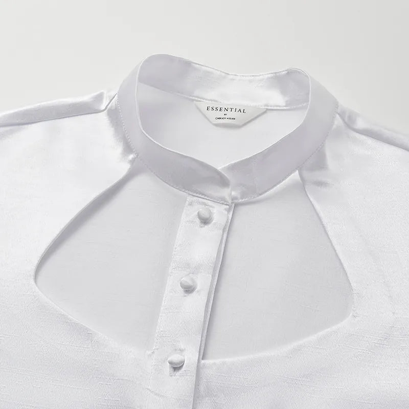 “Sloane Ave glam.” Cutout Shirt — White (matte/satin)
