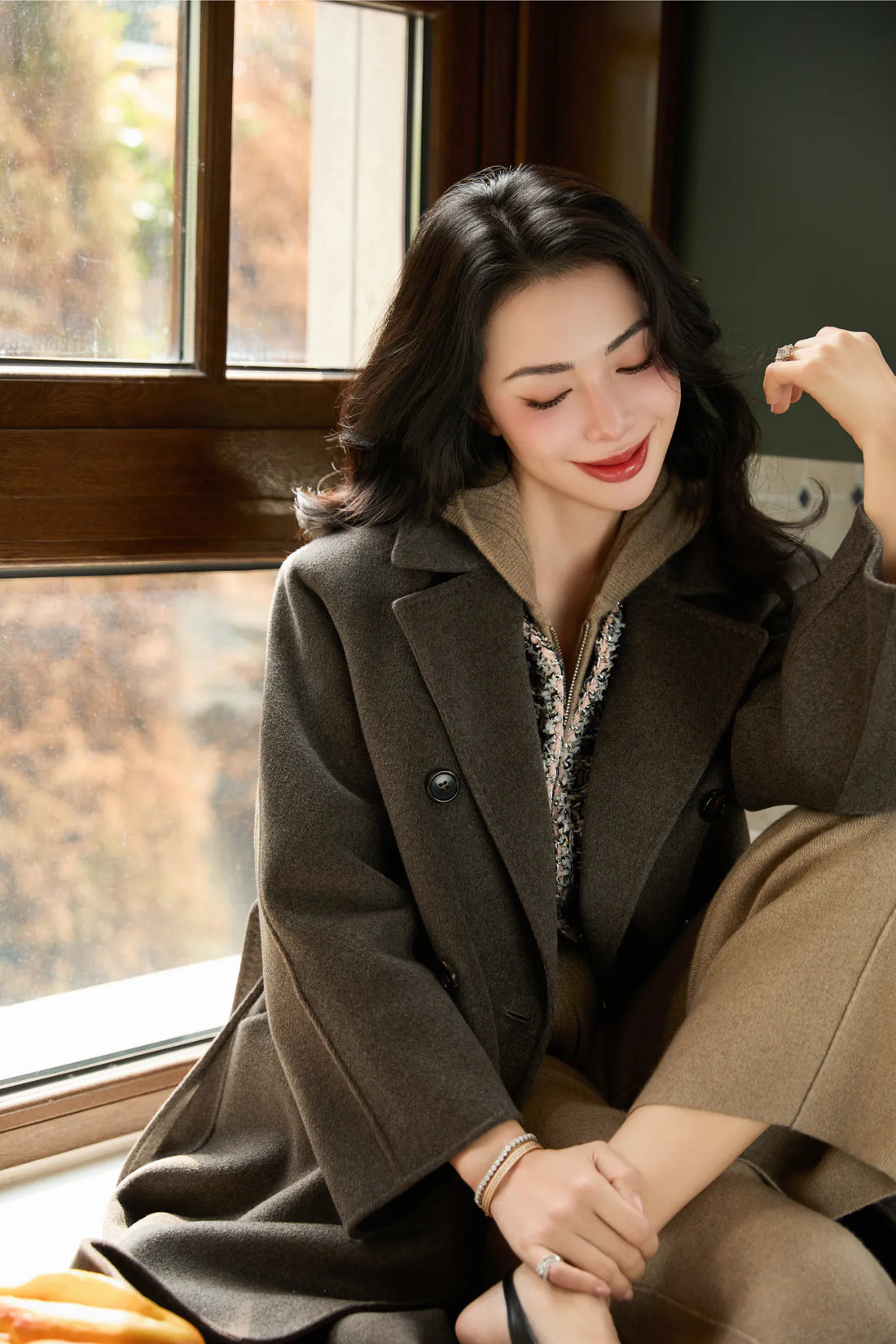 "Winter Diary" 100% Cashmere Double-faced Long Pile Double-breasted Long Coat - Gray