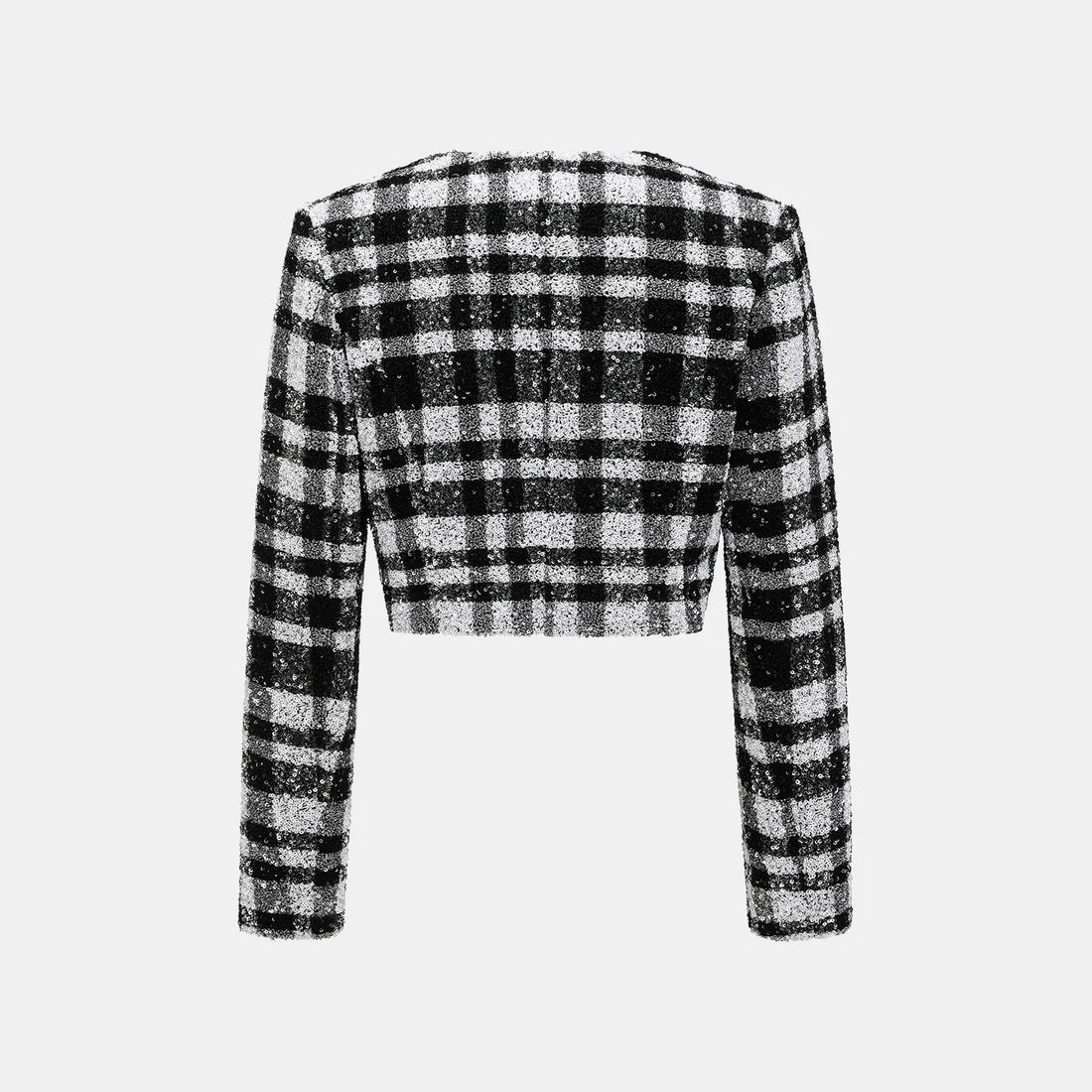 “Welcome to my party.” Sequined shoulder-padded short coat—Classic Checked.