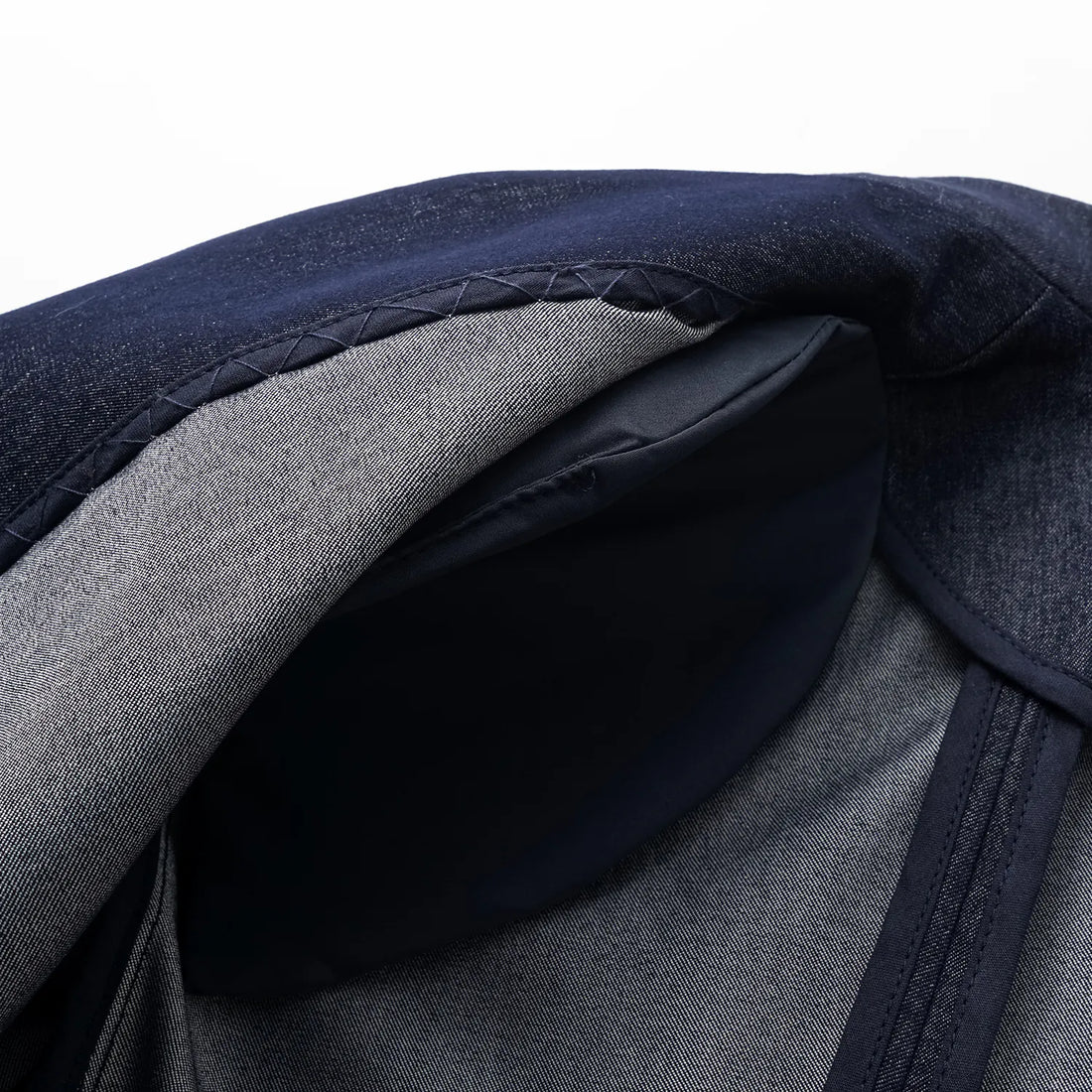 "Speak Sleek." Oversized suit jacket in Italian textured fabric—Denim
