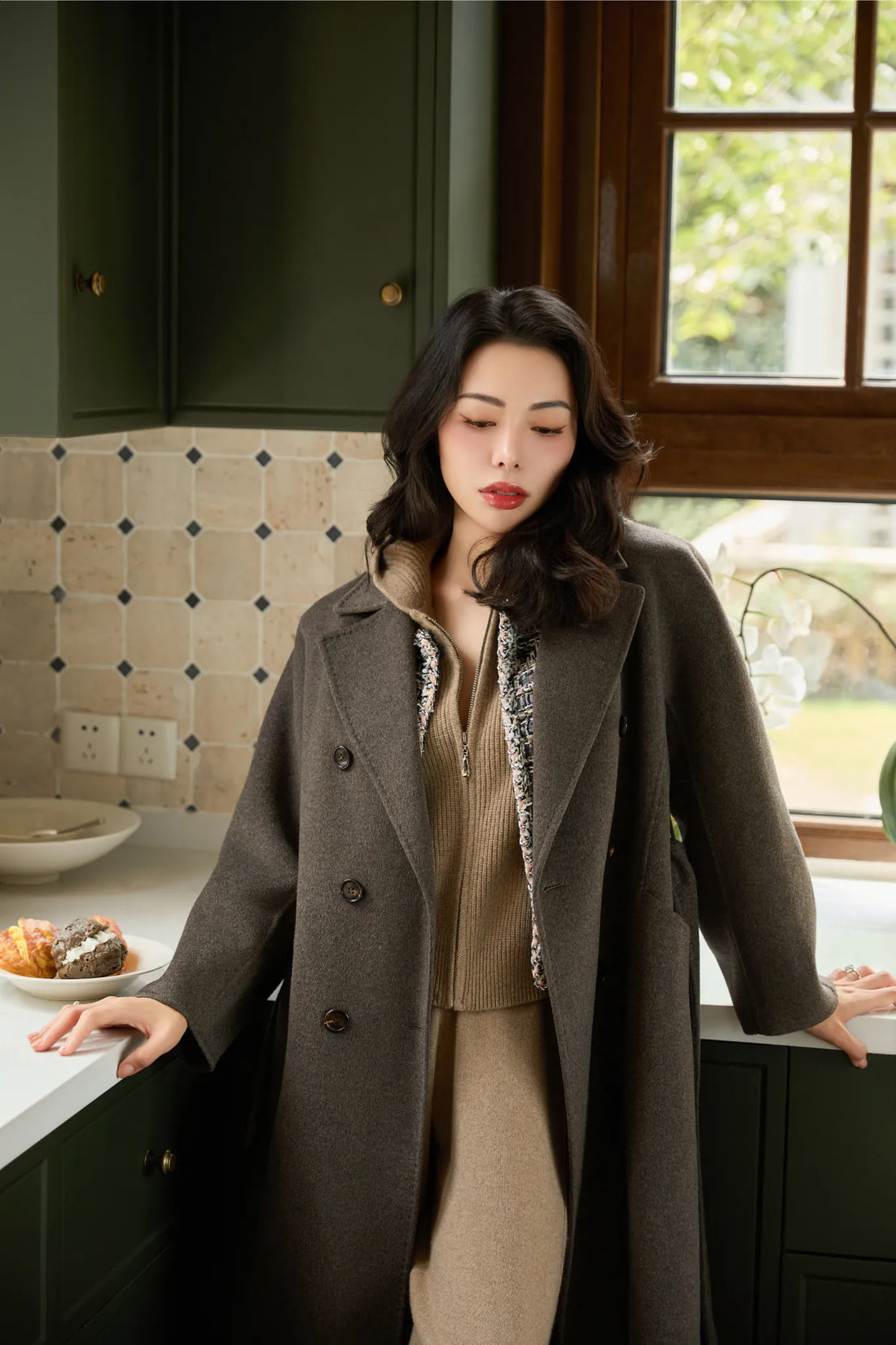 "Winter Diary" 100% Cashmere Double-faced Long Pile Double-breasted Long Coat - Gray