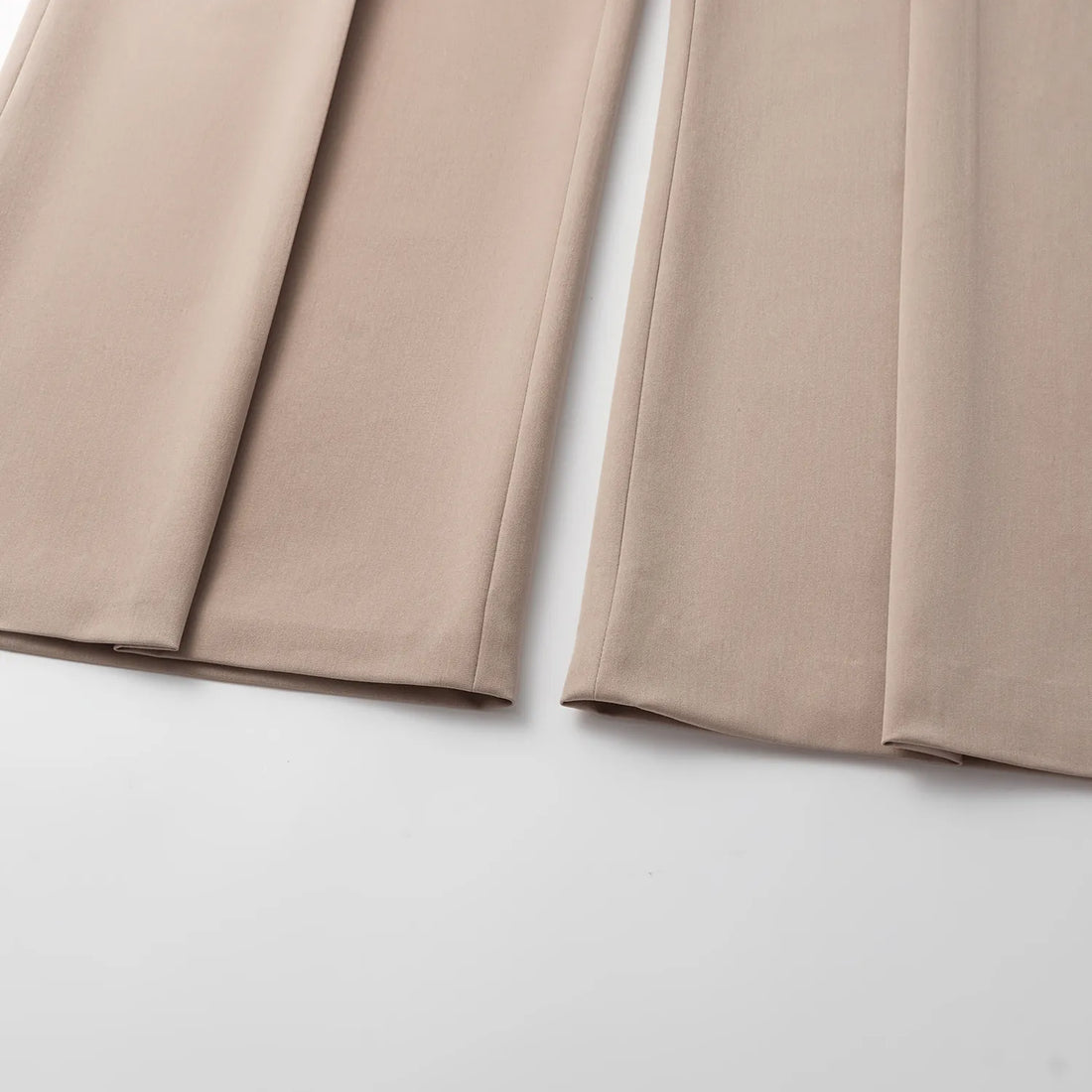"Speak Sleek." Italian textured fabric three-dimensional tailored wide-leg pants—Taupe