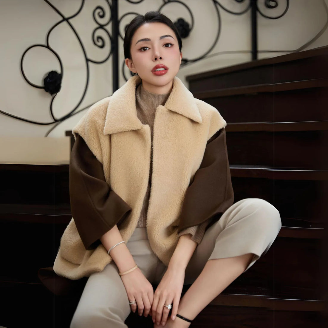 "Tops." Italian top camel hair fabric teddy vest