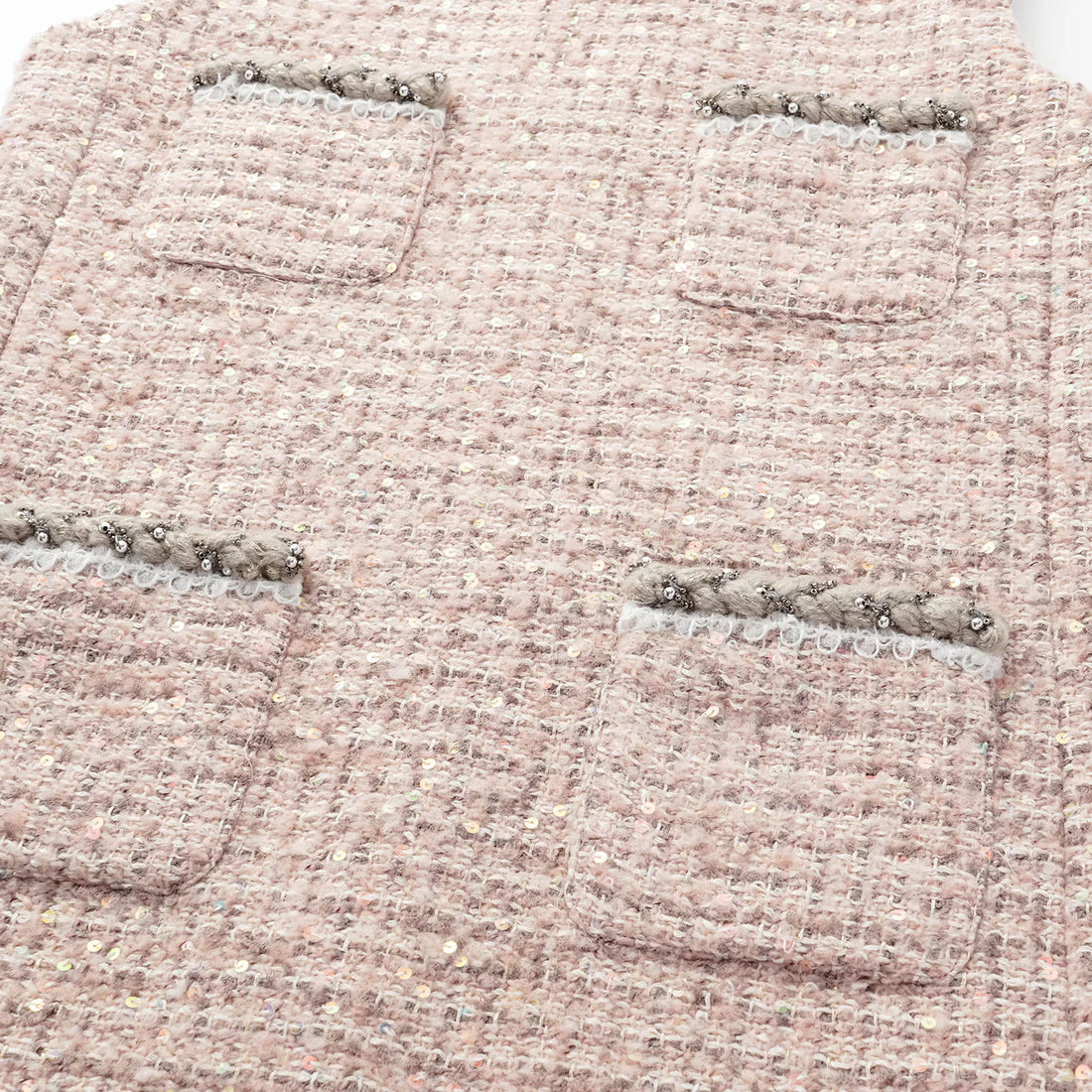 “Chelsea teatime.” Tweed A-line dress—Pink marshmallow