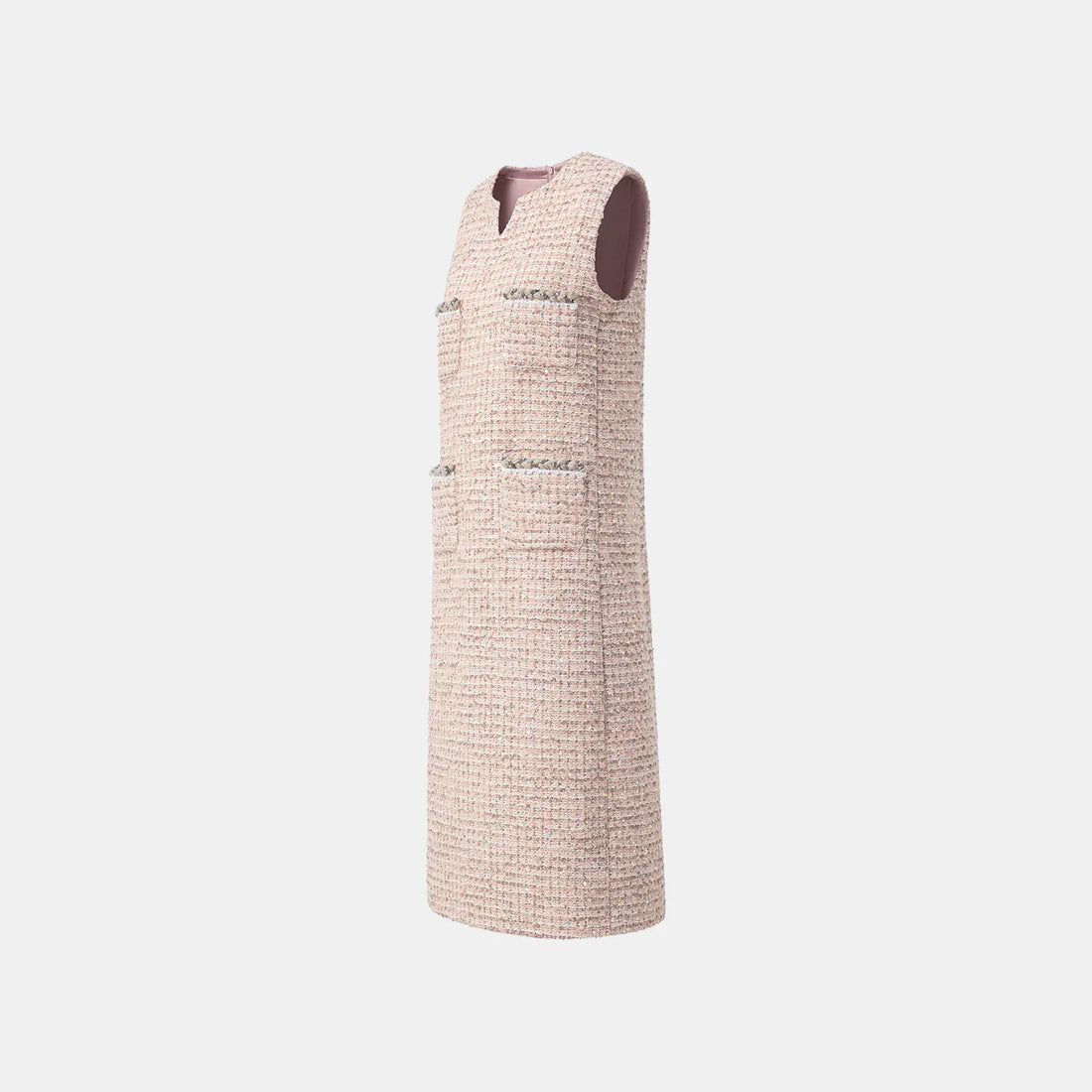 “Chelsea teatime.” Tweed A-line dress—Pink marshmallow