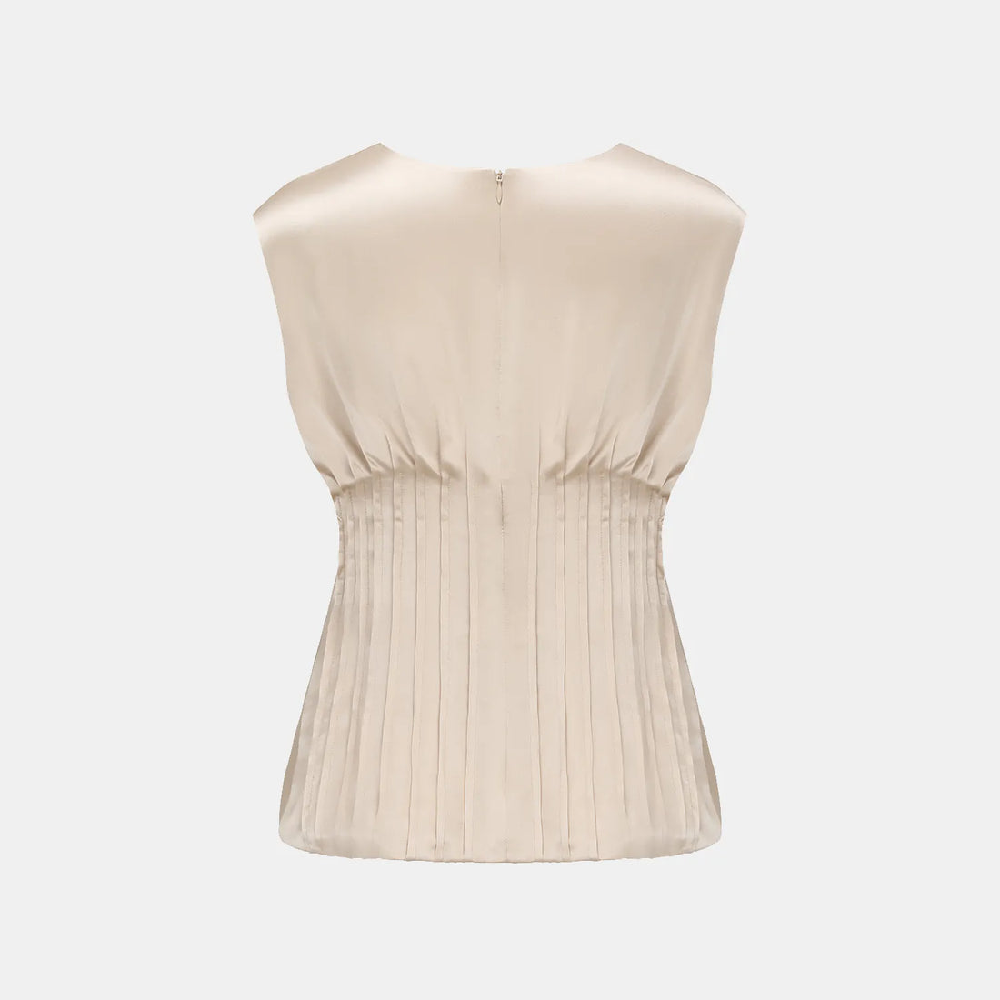 “Date night elegance.” 100% silk pleated top — light matte gold