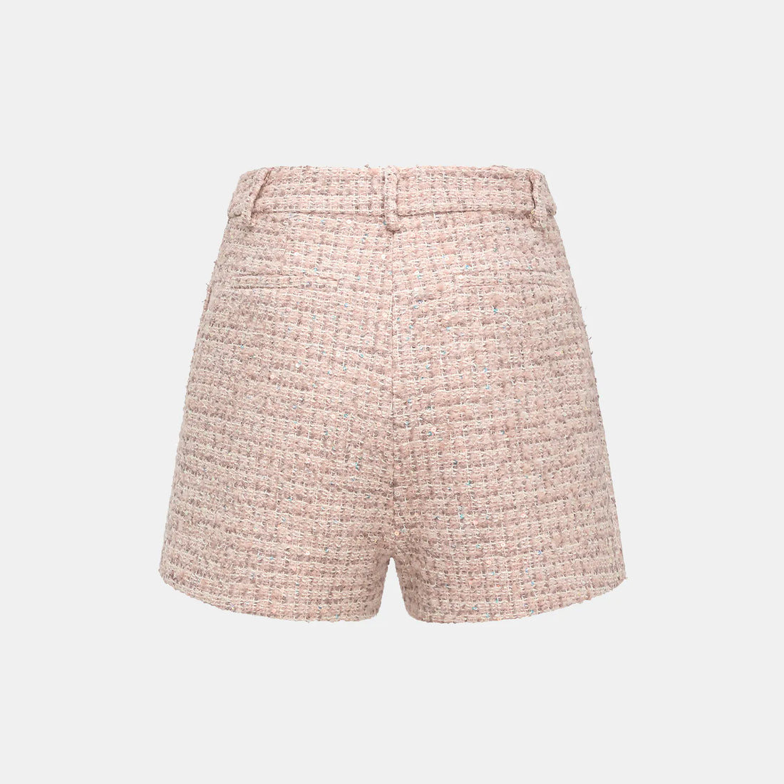 “Chelsea teatime.” Tweed shorts—Pink marshmallow