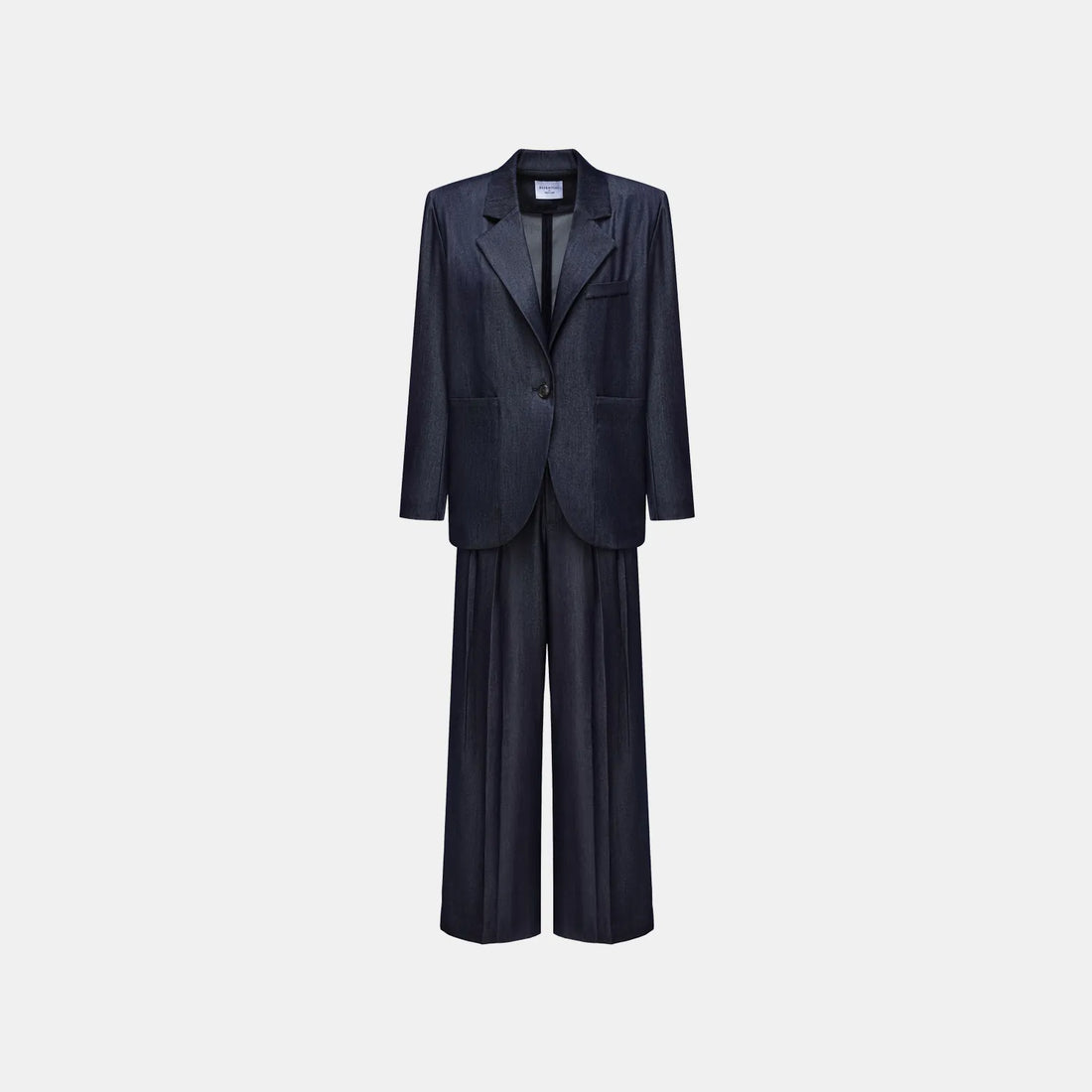 "Speak Sleek." Oversized suit jacket in Italian textured fabric—Denim