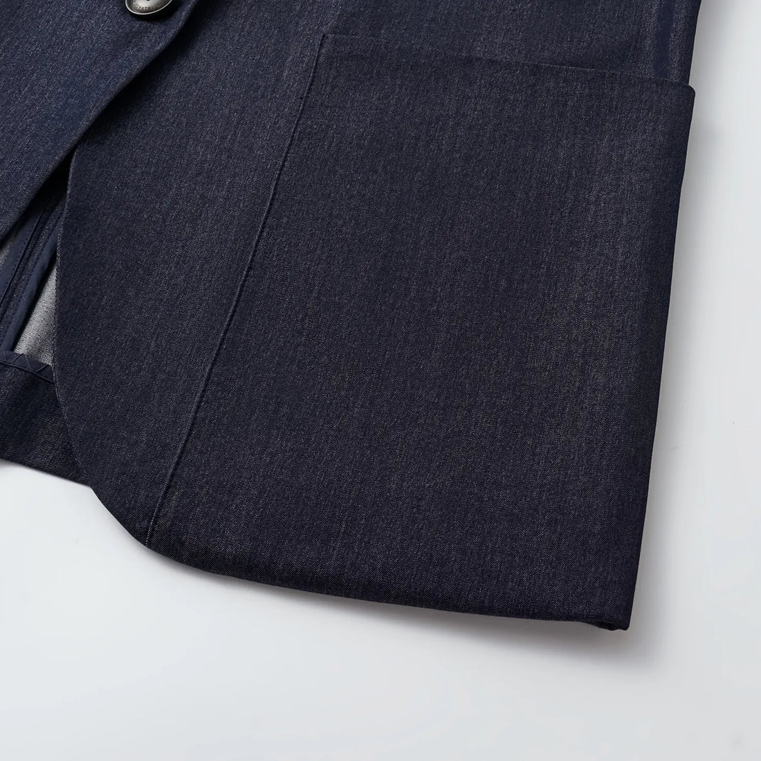 "Speak Sleek." Oversized suit jacket in Italian textured fabric—Denim