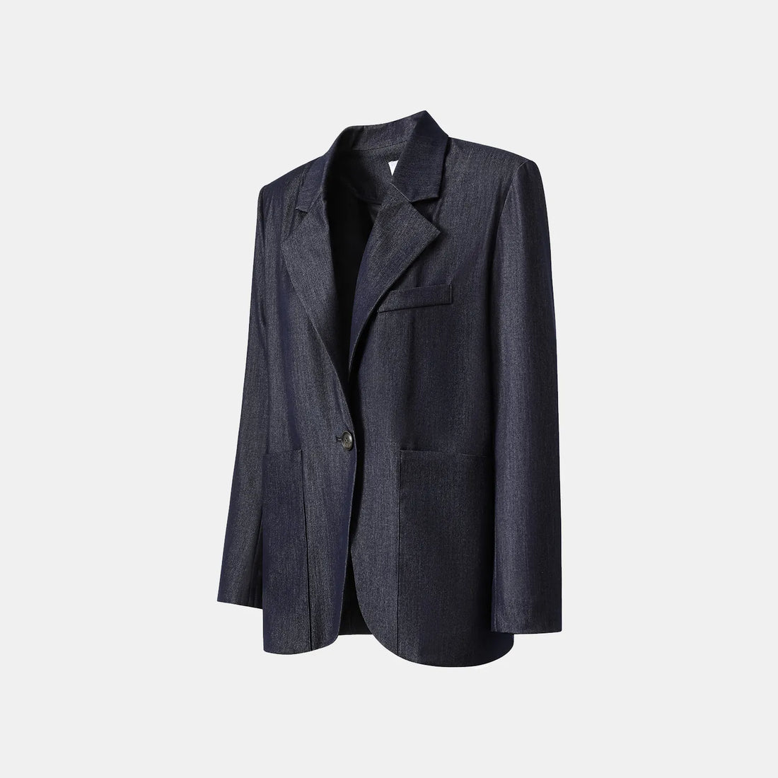 "Speak Sleek." Oversized suit jacket in Italian textured fabric—Denim
