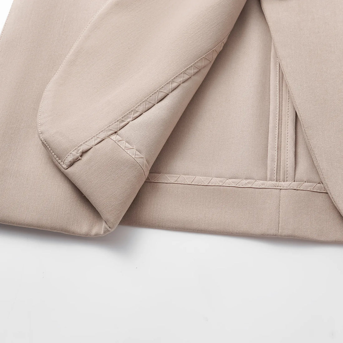 "Speak Sleek." Oversized suit jacket in Italian textured fabric—Taupe
