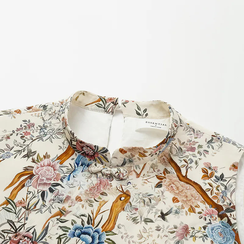 "Spring Travel" Italian Positioning Print Silk Chinese Style Suit - Peony