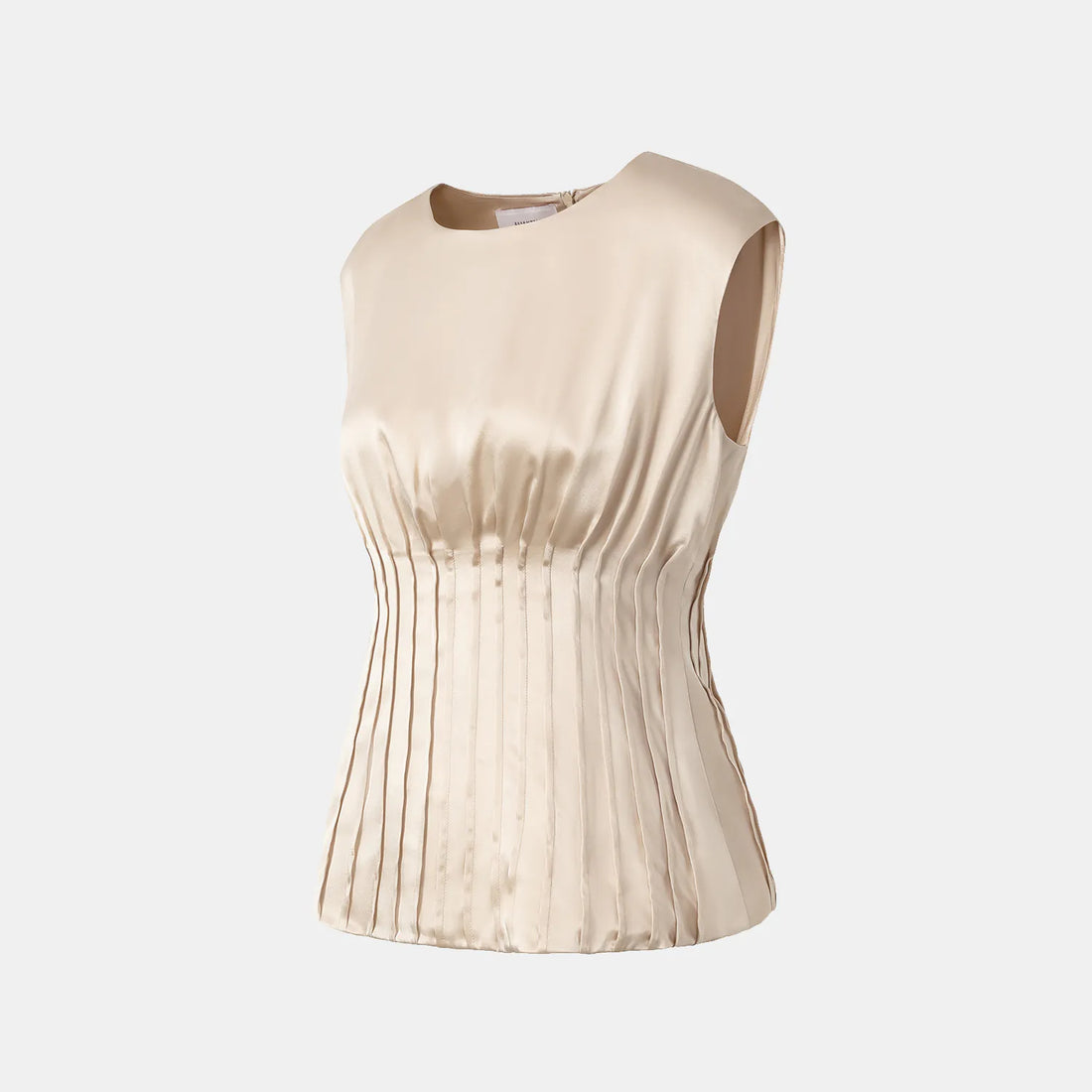 “Date night elegance.” 100% silk pleated top — light matte gold