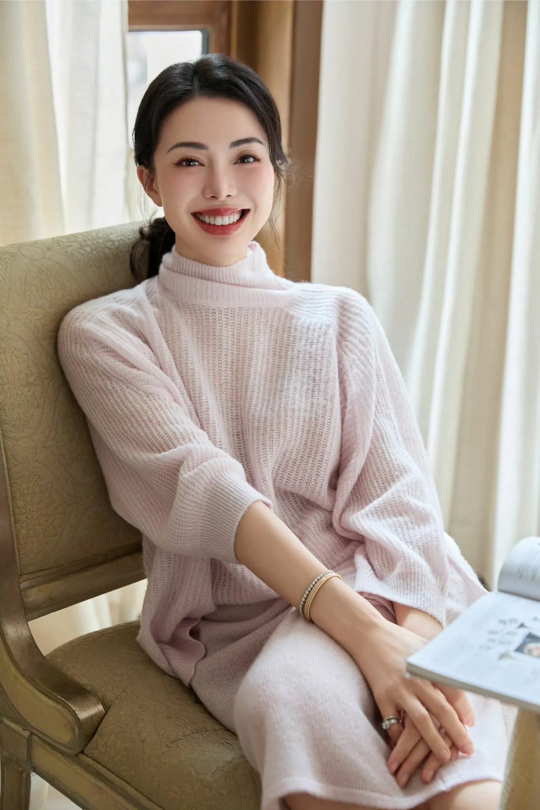“Autumn Diary”真絲喀什米爾中高領長版上衣—Rose Water