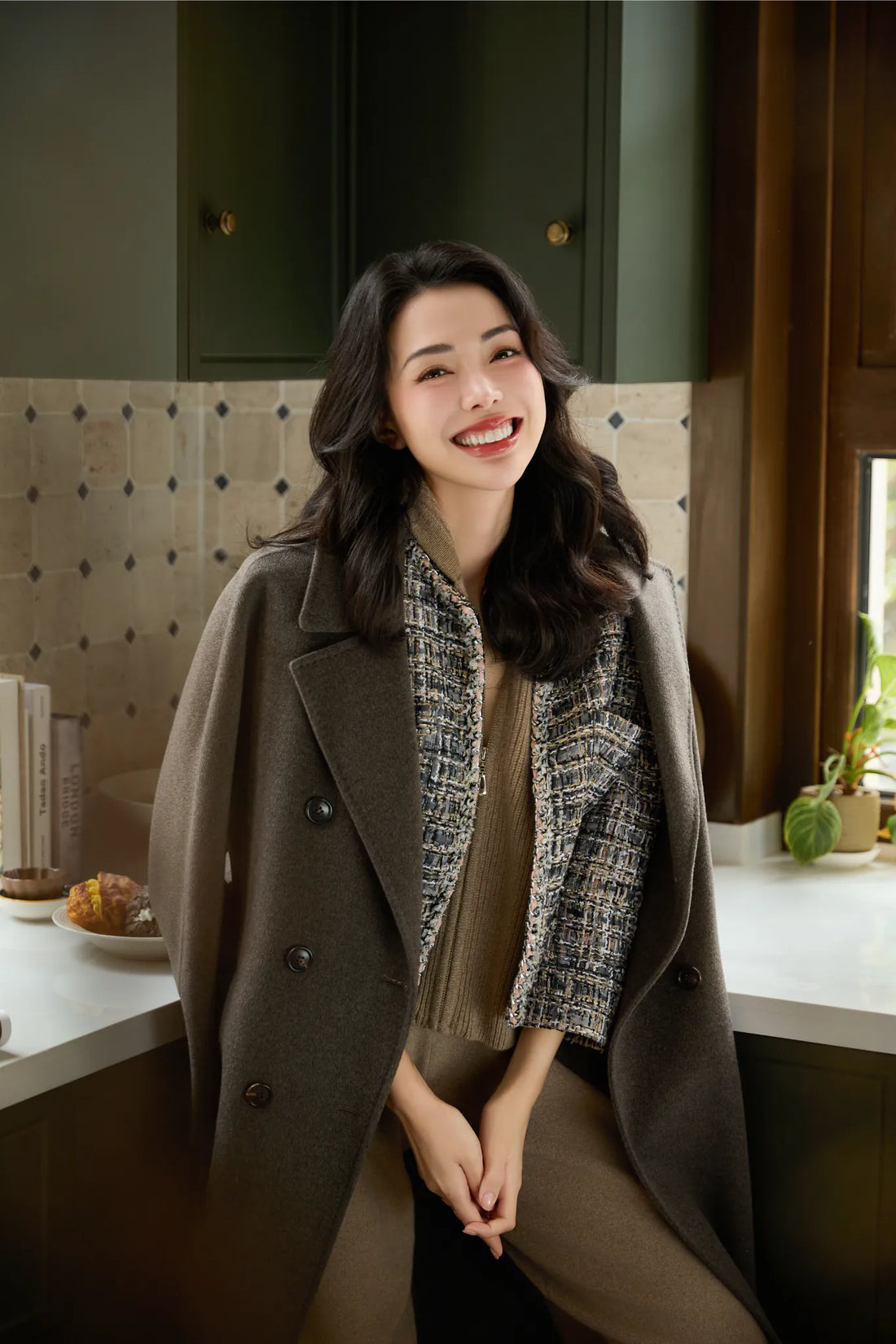 "Winter Diary" 100% Cashmere Double-faced Long Pile Double-breasted Long Coat - Gray