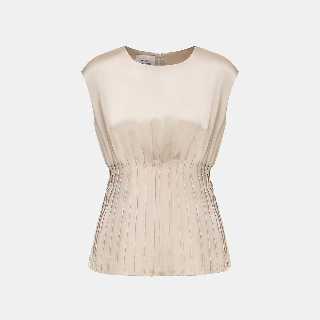 “Date night elegance.” 100% silk pleated top — light matte gold