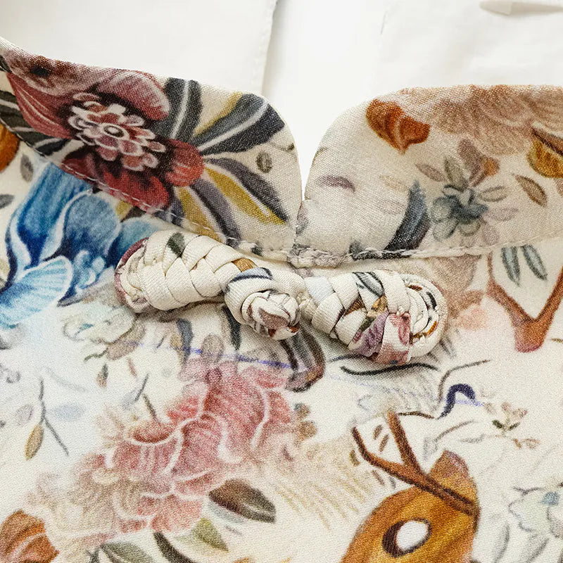 "Spring Travel" Italian Positioning Print Silk Chinese Style Suit - Peony