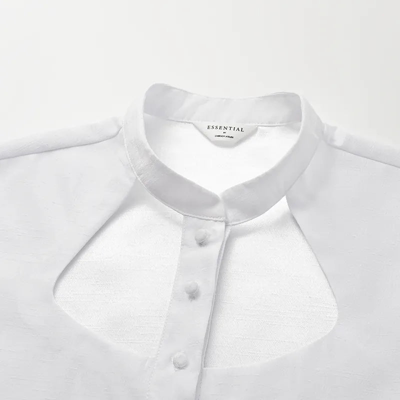 “Sloane Ave glam.” Cutout Shirt — White (matte/satin)