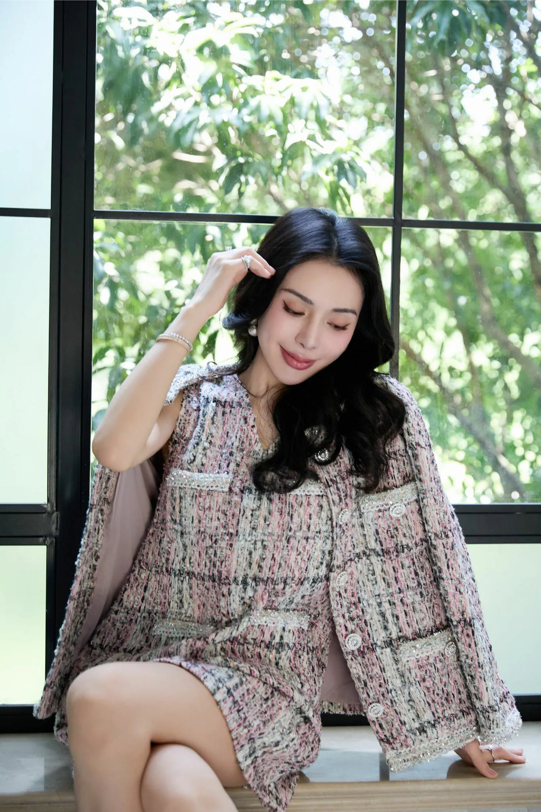 "Brunch at Ritz" Tweed V-neck dress—Ispahan