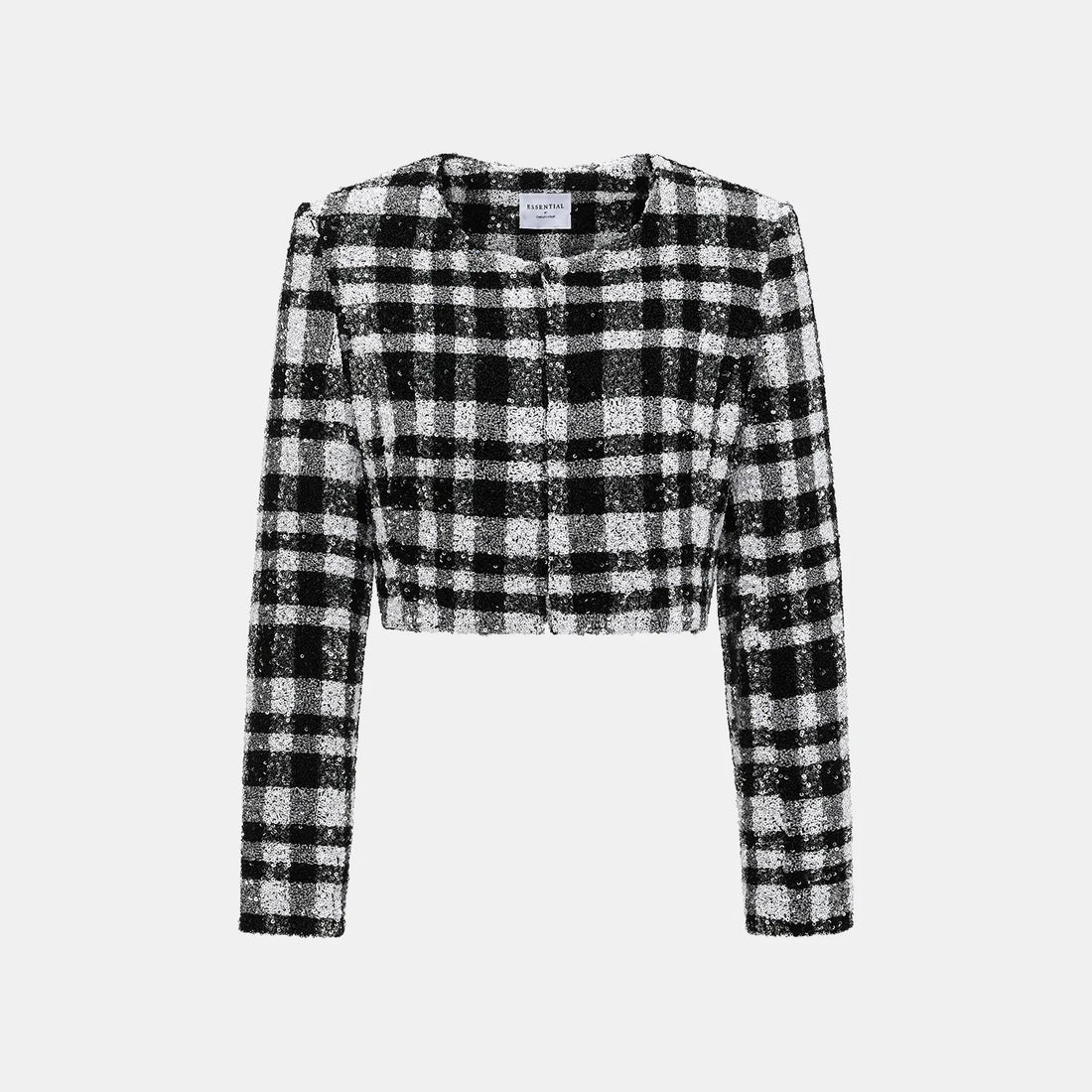 “Welcome to my party.” Sequined shoulder-padded short coat—Classic Checked.