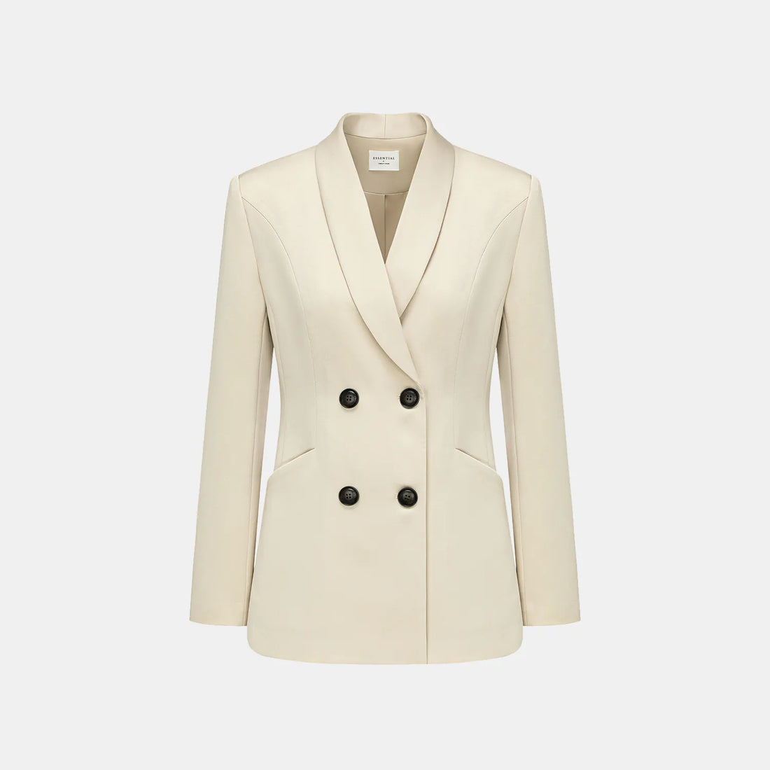 "Speak Sleek." Acetate double-breasted blazer—Champagne