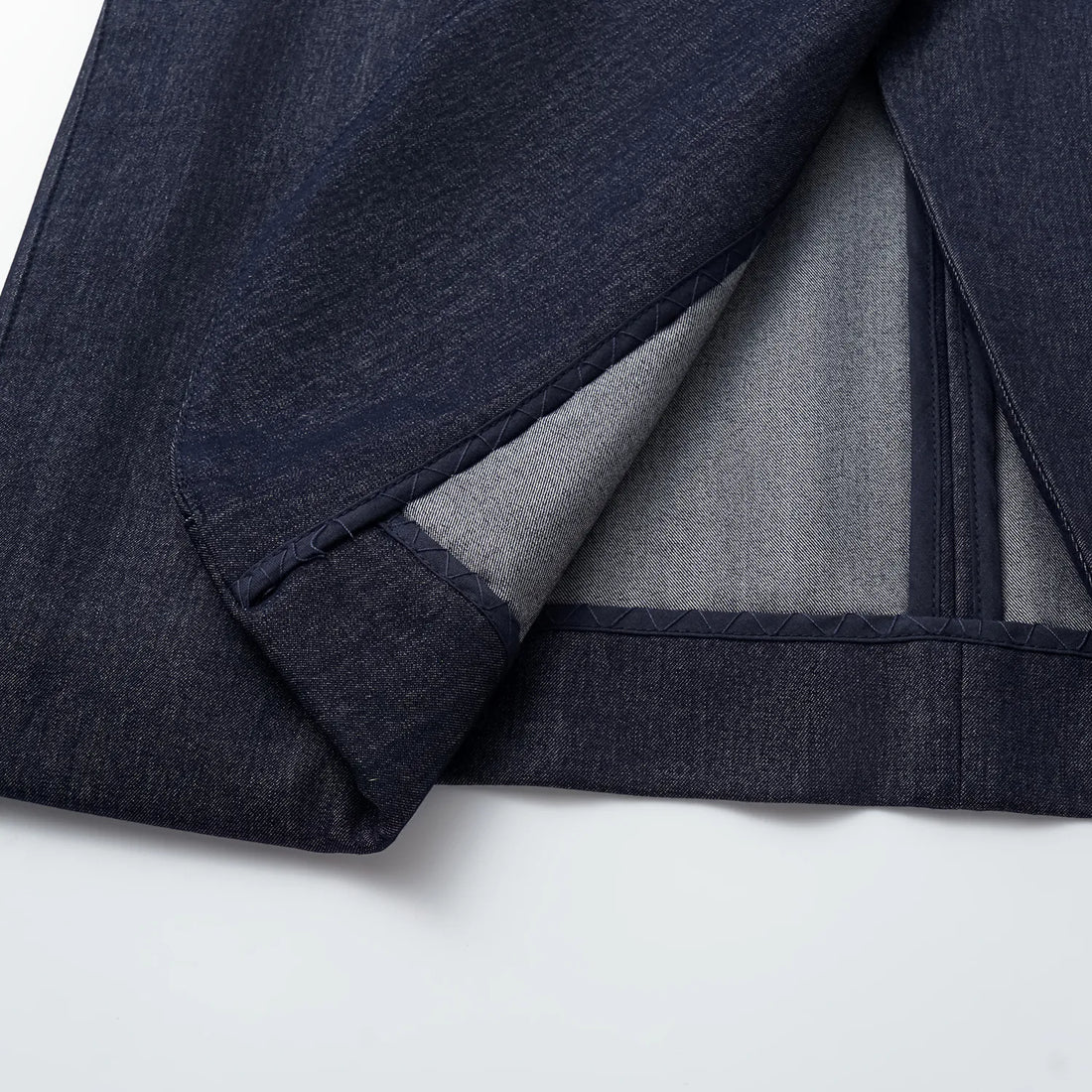 "Speak Sleek." Oversized suit jacket in Italian textured fabric—Denim
