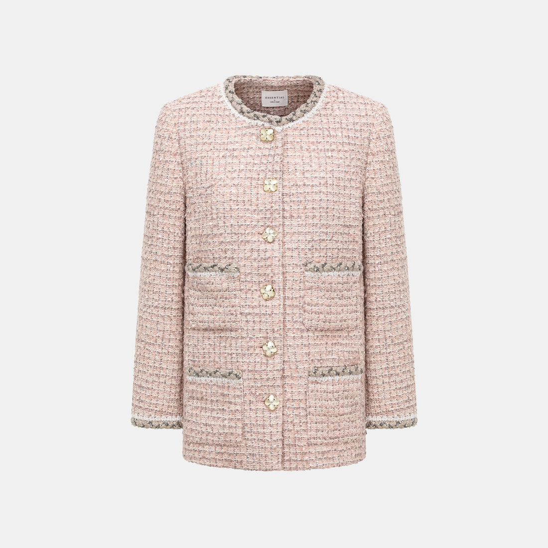 “Chelsea teatime.” Classic No.6 tweed jacket—Pink marshmallow
