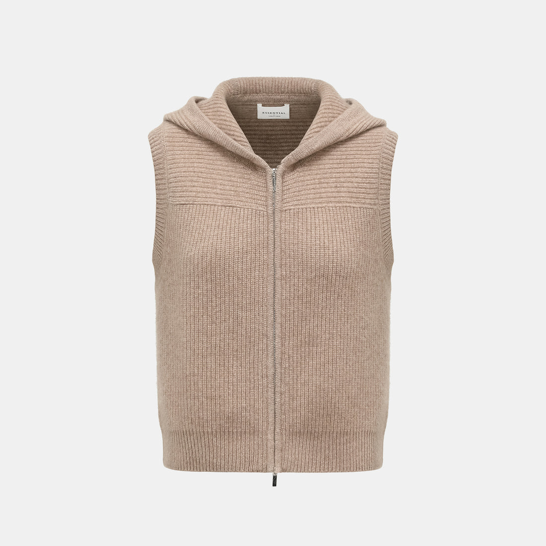 “Winter Diary” 100% Cashmere Hooded Zip-Up Vest—Earl Grey