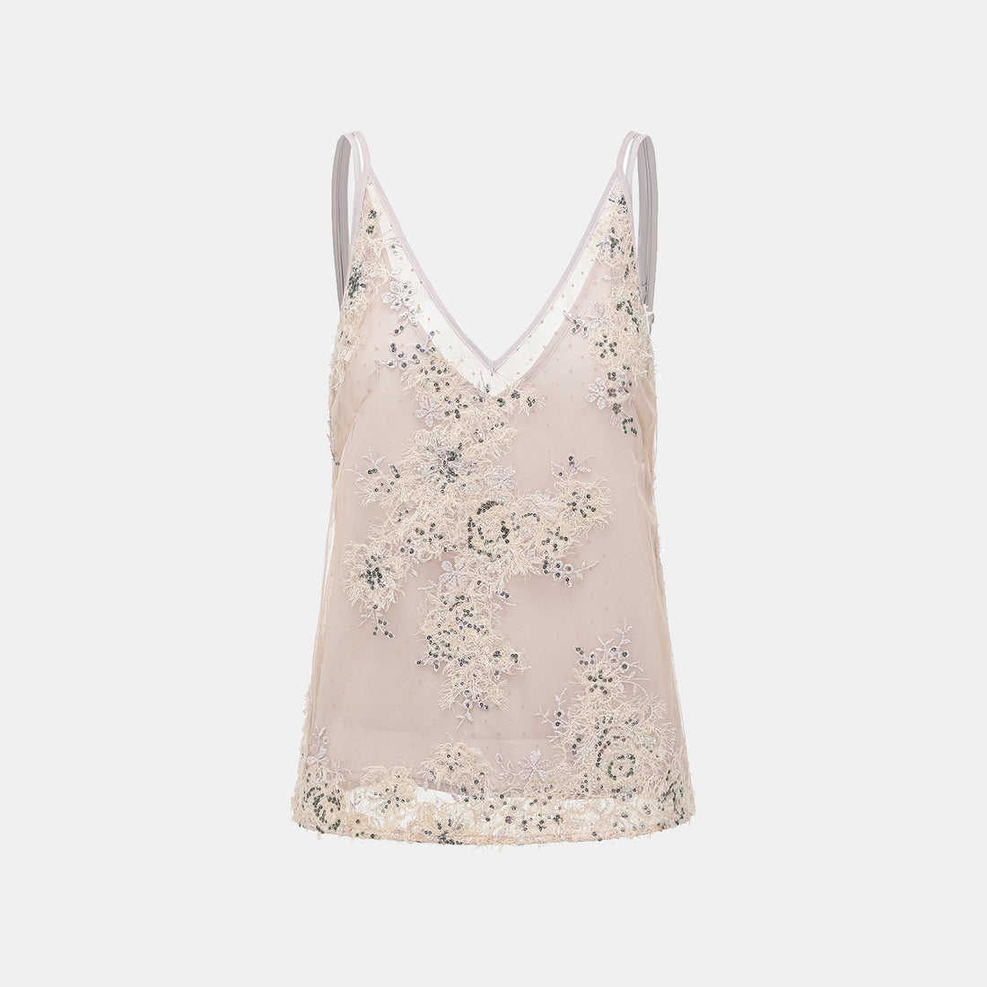 "Imperial Gala." Luxe lace and beaded spaghetti strap tank top