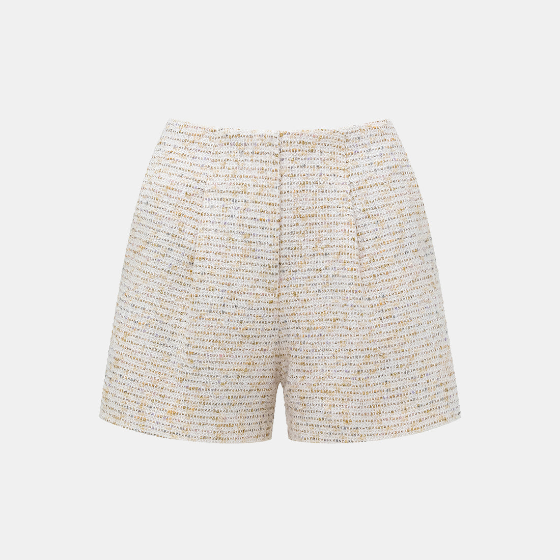 "Chelsea Citywalk." Spanish gold-finish lightweight tweed shorts
