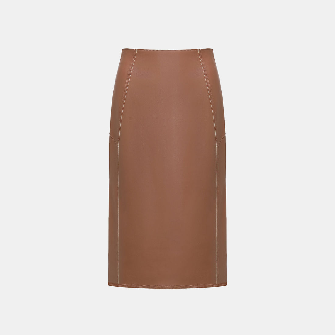 "Easy-go Chic" Vegan Leather Cut Pencil Skirt - Honey Brown