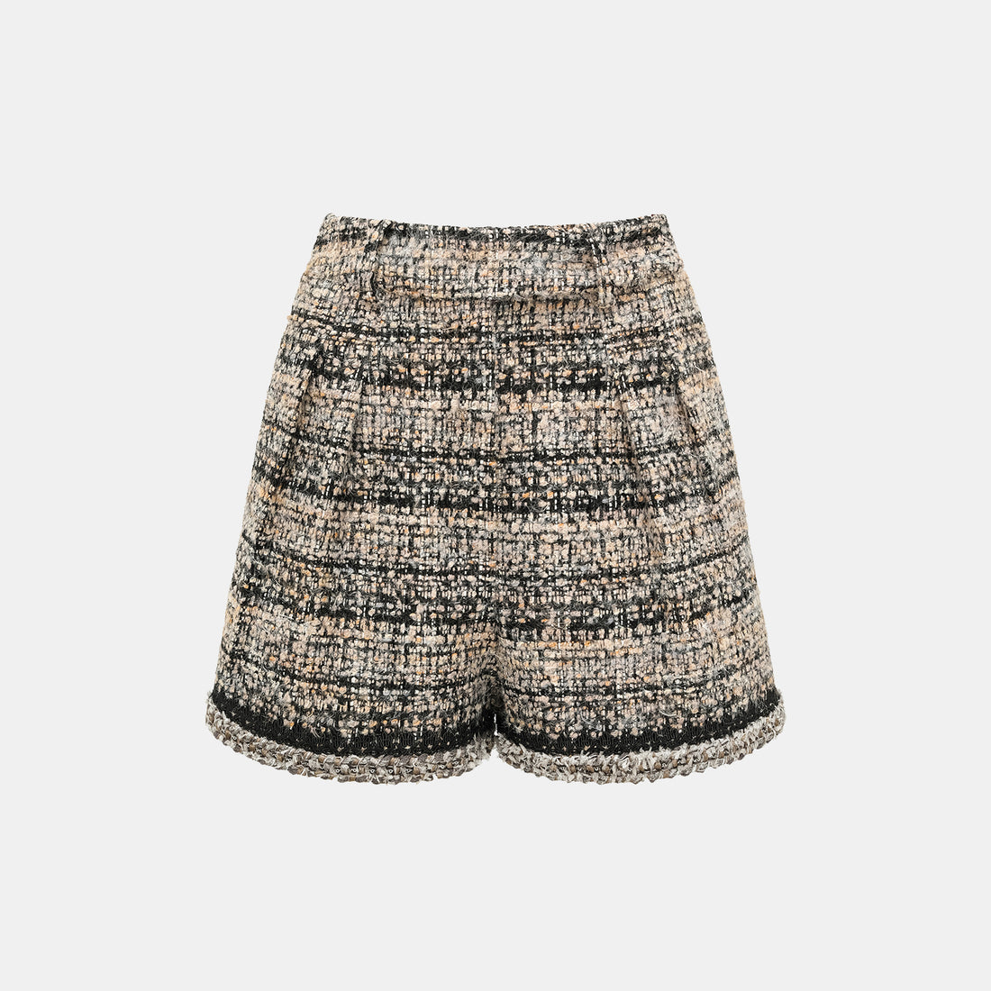 “Knightsbridge citywalk.” Tweed shorts – camel/black