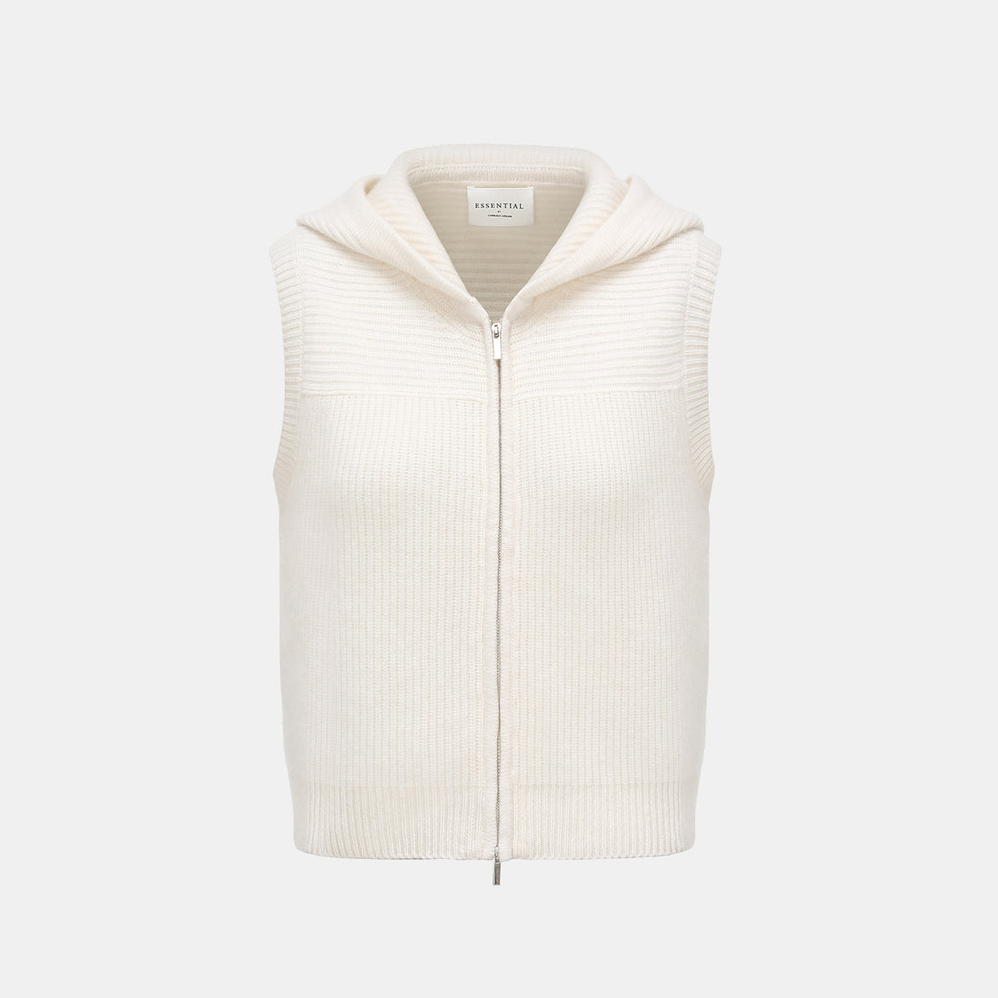 “Winter Diary” 100% Cashmere Hooded Zip-Up Vest—Milk
