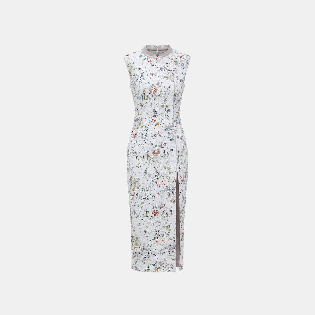 "Imperial Garden Teatime" Italian silver foil applique craft texture fabric light Chinese style cheongsam dress - Butterfly Shadow Dream