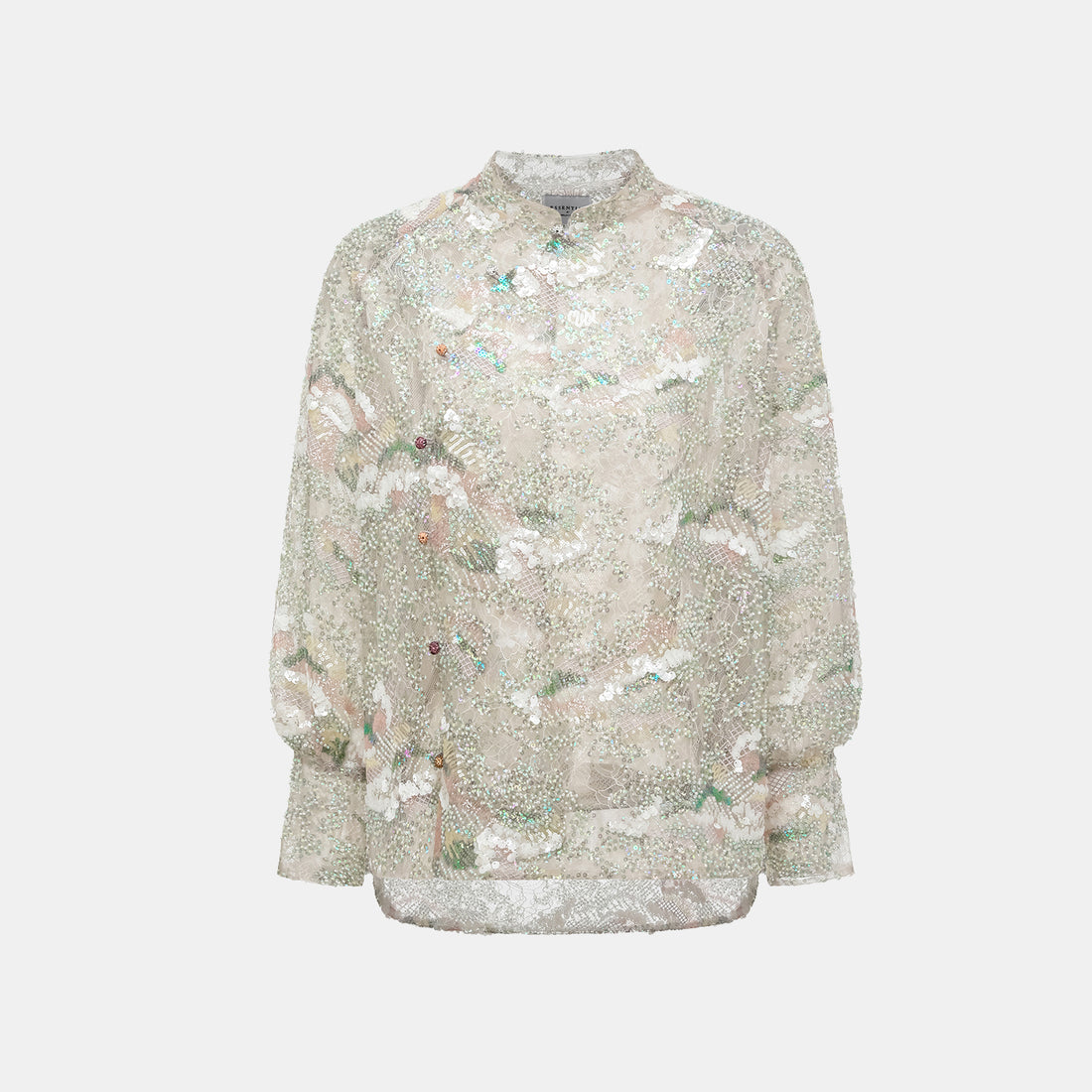 "Imperial Gala." Luxurious lace beaded light Chinese style blouse - sparse shadows and light smoke