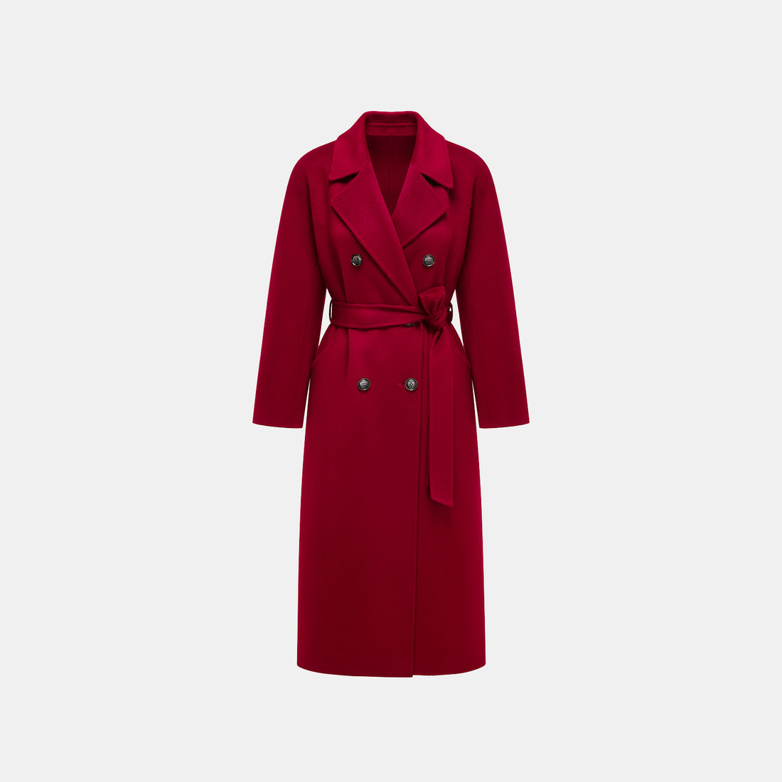 "Winter Diary" 100% Cashmere Double-faced Long Pile Double-breasted Long Coat - Dark Red