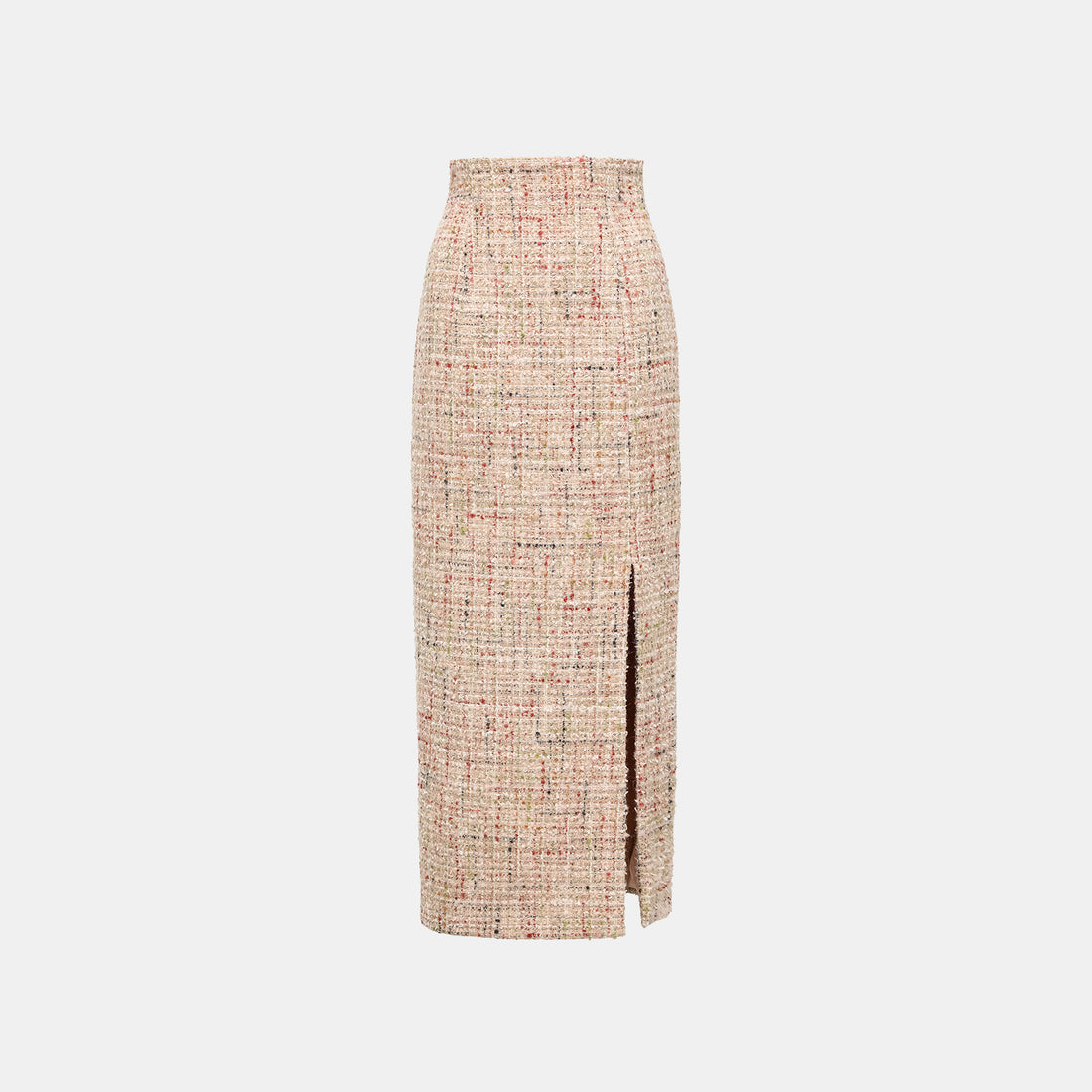 “Chelsea teatime.” Tweed pencil skirt—Berry latte