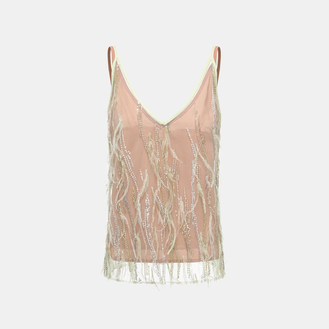 "Welcome to my party." Beaded feather spaghetti strap vest