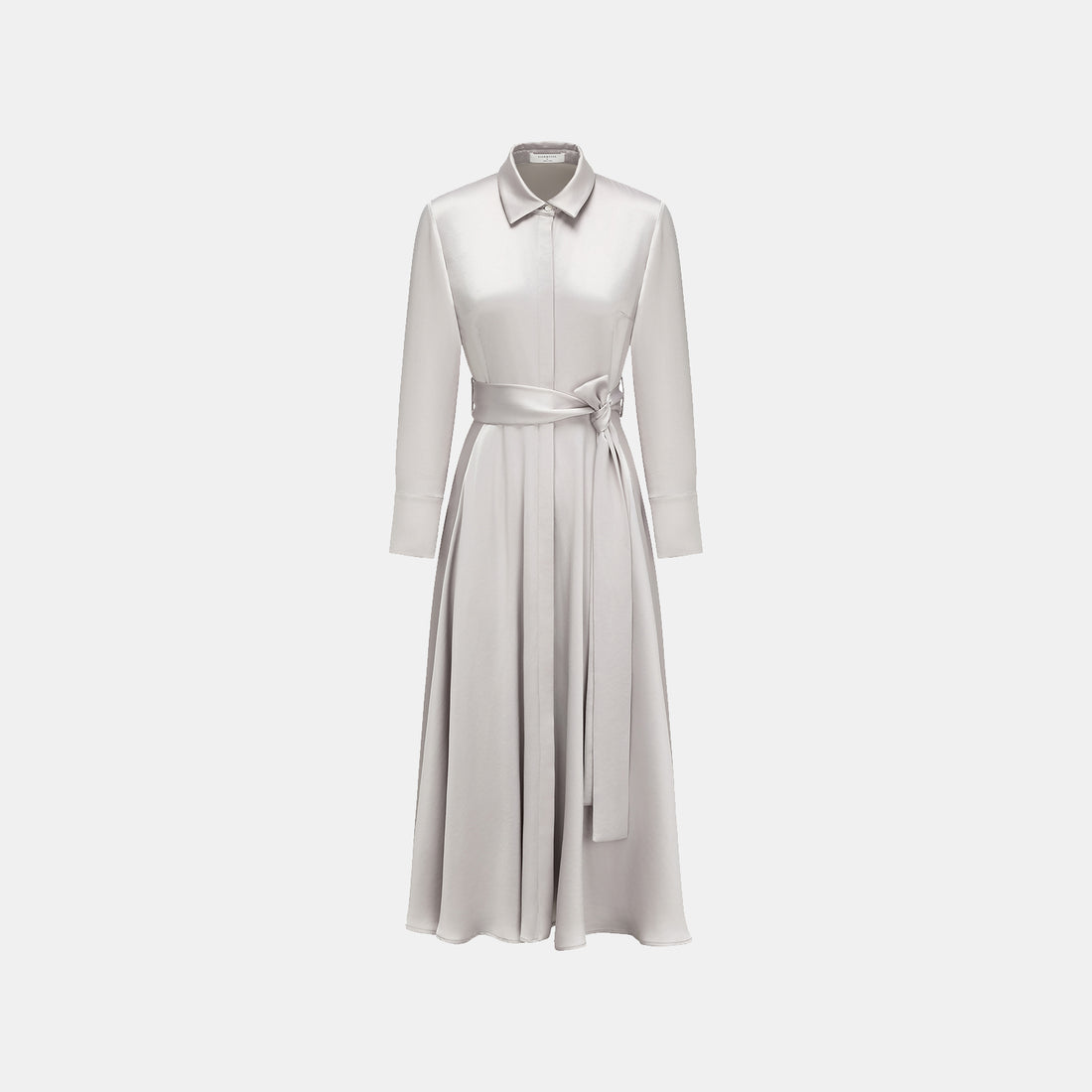 “True Grace.” Crystal scale texture acetate shirt dress—silver gray