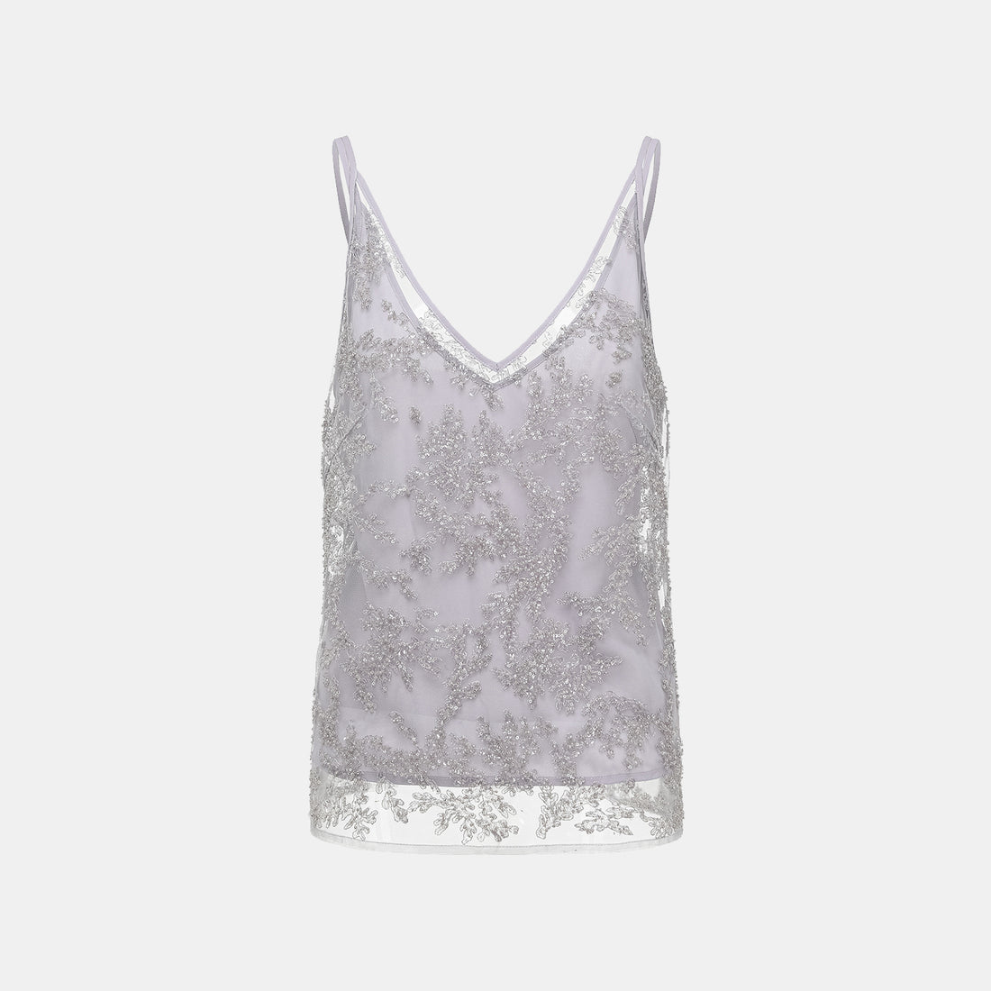 "Tea Banquet" Luxury Beaded Lace Spaghetti Strap Tank Top - Silver