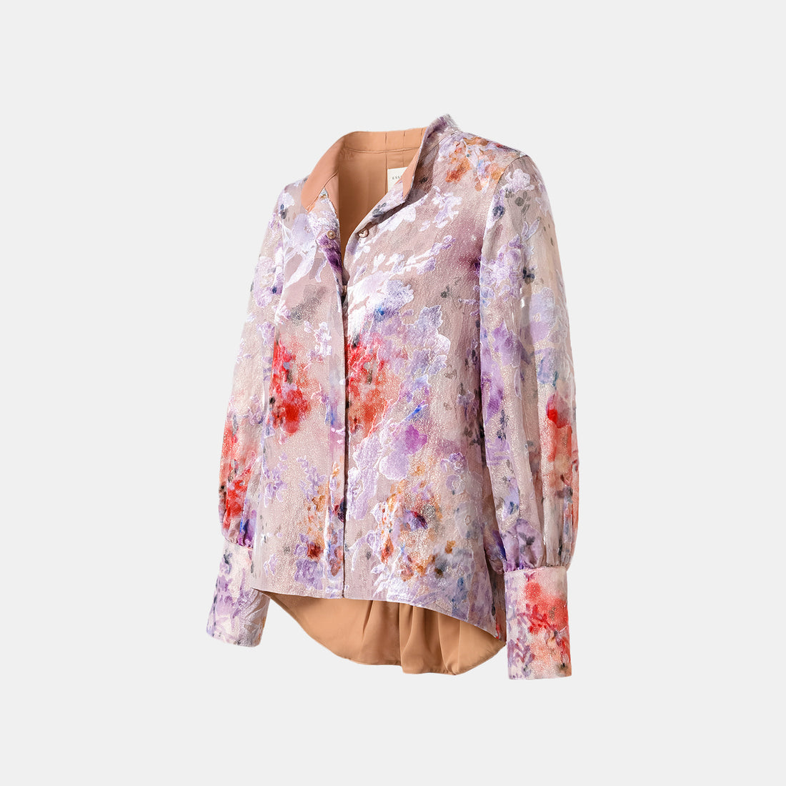"Imperial Garden Teatime" Silk Velvet Burnished Special Cut Shirt - Dewy Red Smoky Purple