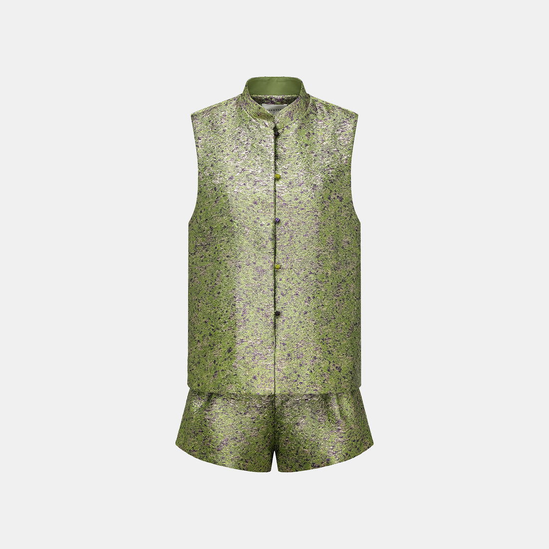 "Imperial Garden Teatime" Italian 3D jacquard light Chinese style vest - Pearl dotted green ink
