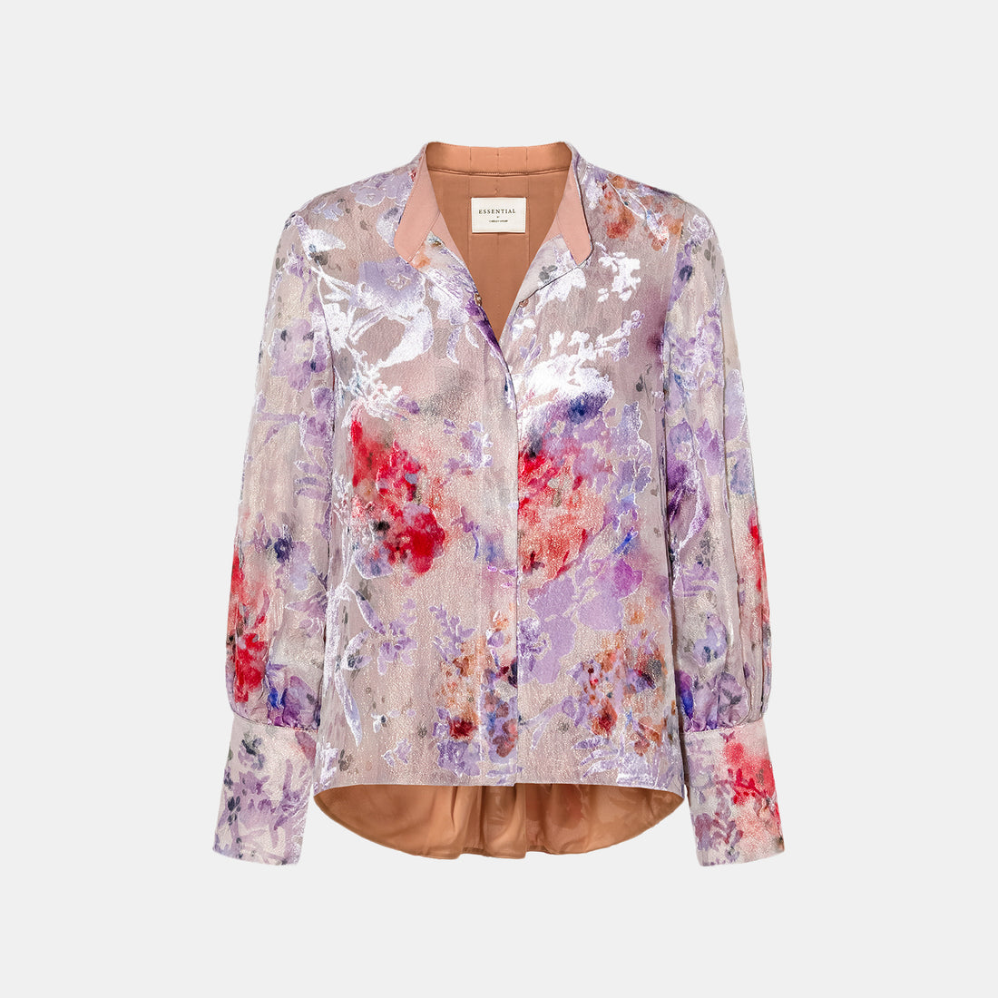 "Imperial Garden Teatime" Silk Velvet Burnished Special Cut Shirt - Dewy Red Smoky Purple