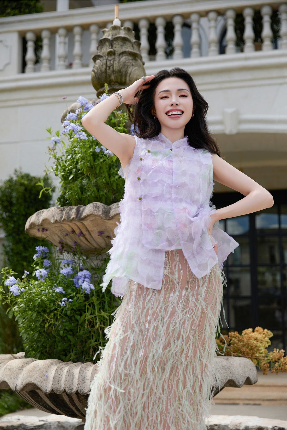 “Welcome to my party.” Beaded feather pencil skirt