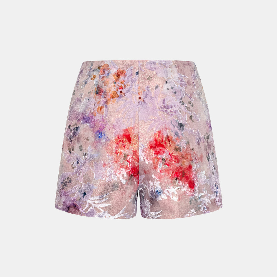 "Imperial Garden Teatime" Silk Velvet Devoré Shorts - Dewy Red Smoky Purple