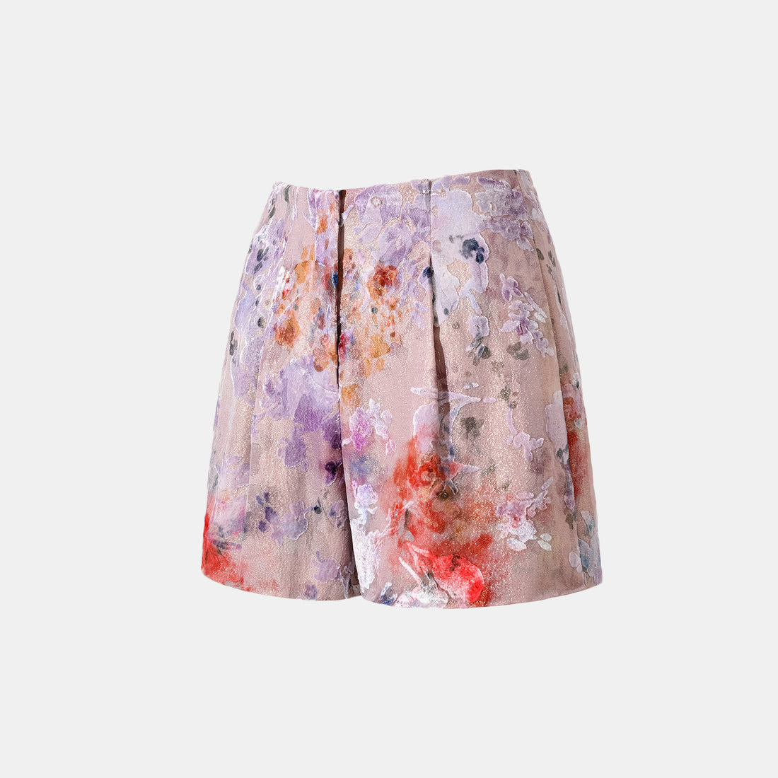 "Imperial Garden Teatime" Silk Velvet Devoré Shorts - Dewy Red Smoky Purple